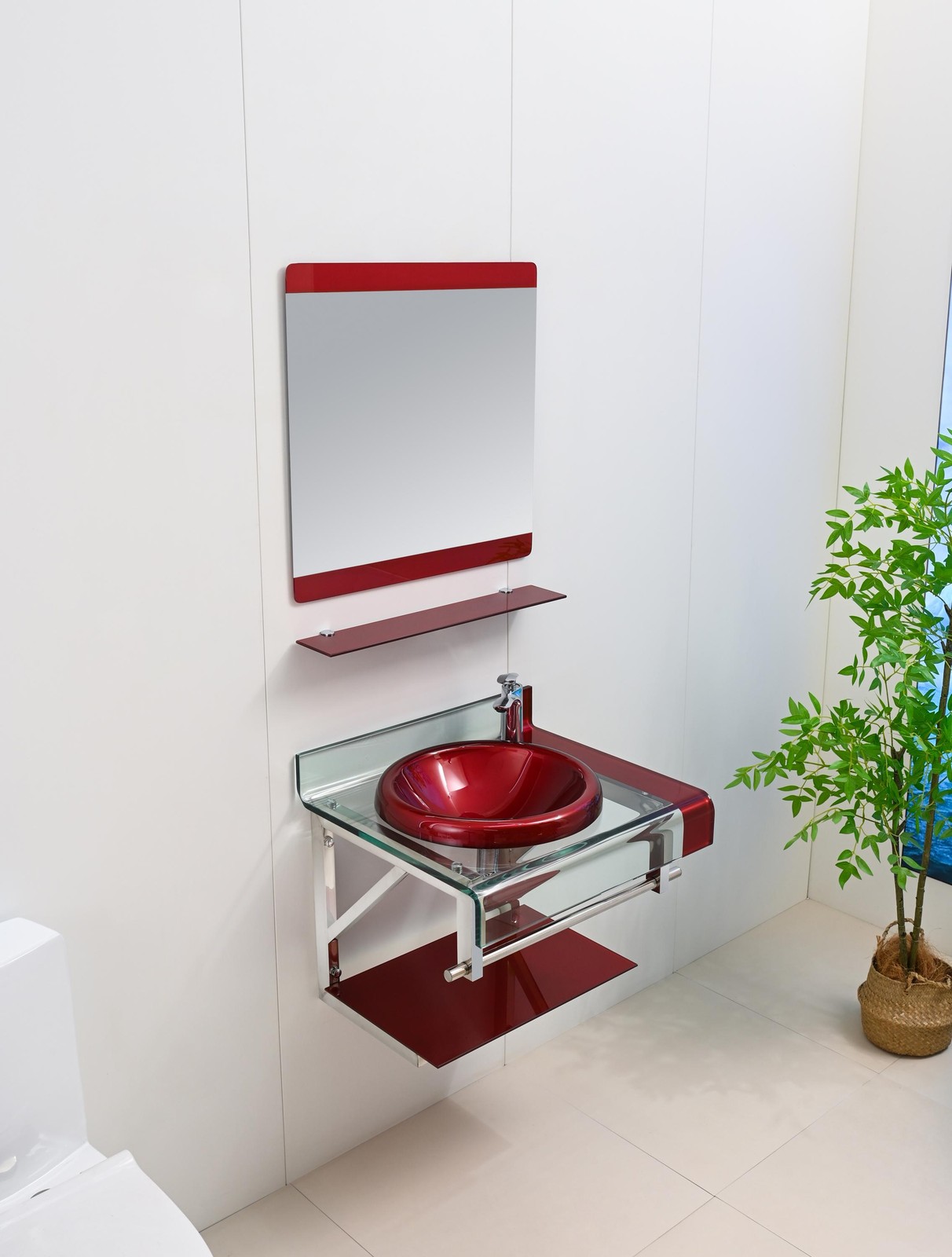 24″ Wine Red Tempered Glass Bathroom Vanity Floating Sink-top Mirror Shelves set