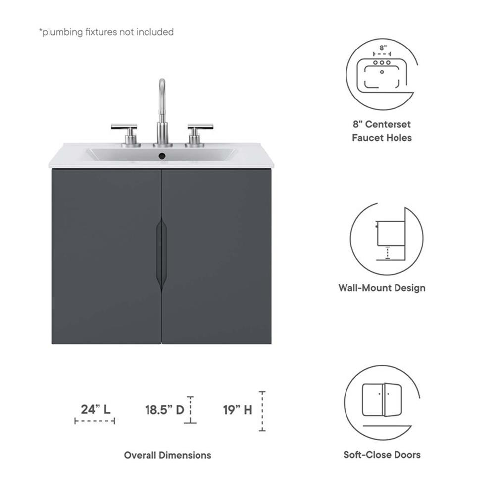 Pemberly Row 23″ Modern Wood/Ceramic Bathroom Vanity in Gray/White