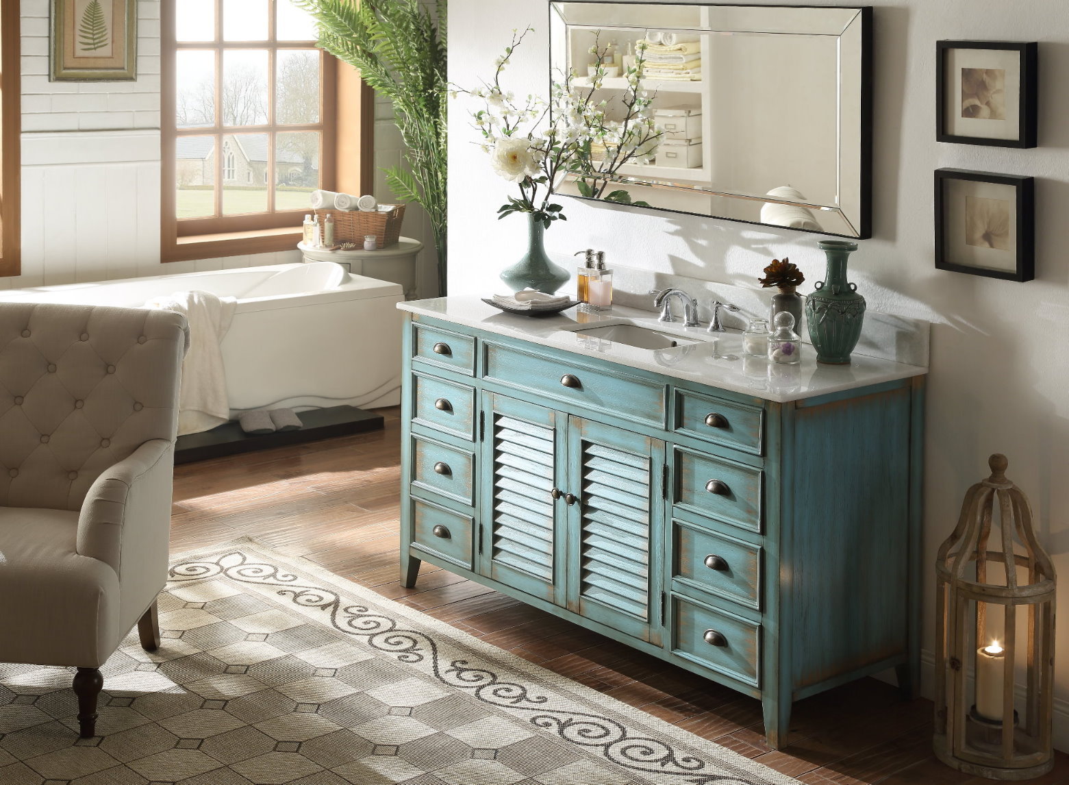 60 inch Distressed Vintage Vanity with Top & Mirror Abbeville CF-66323BU-MIR