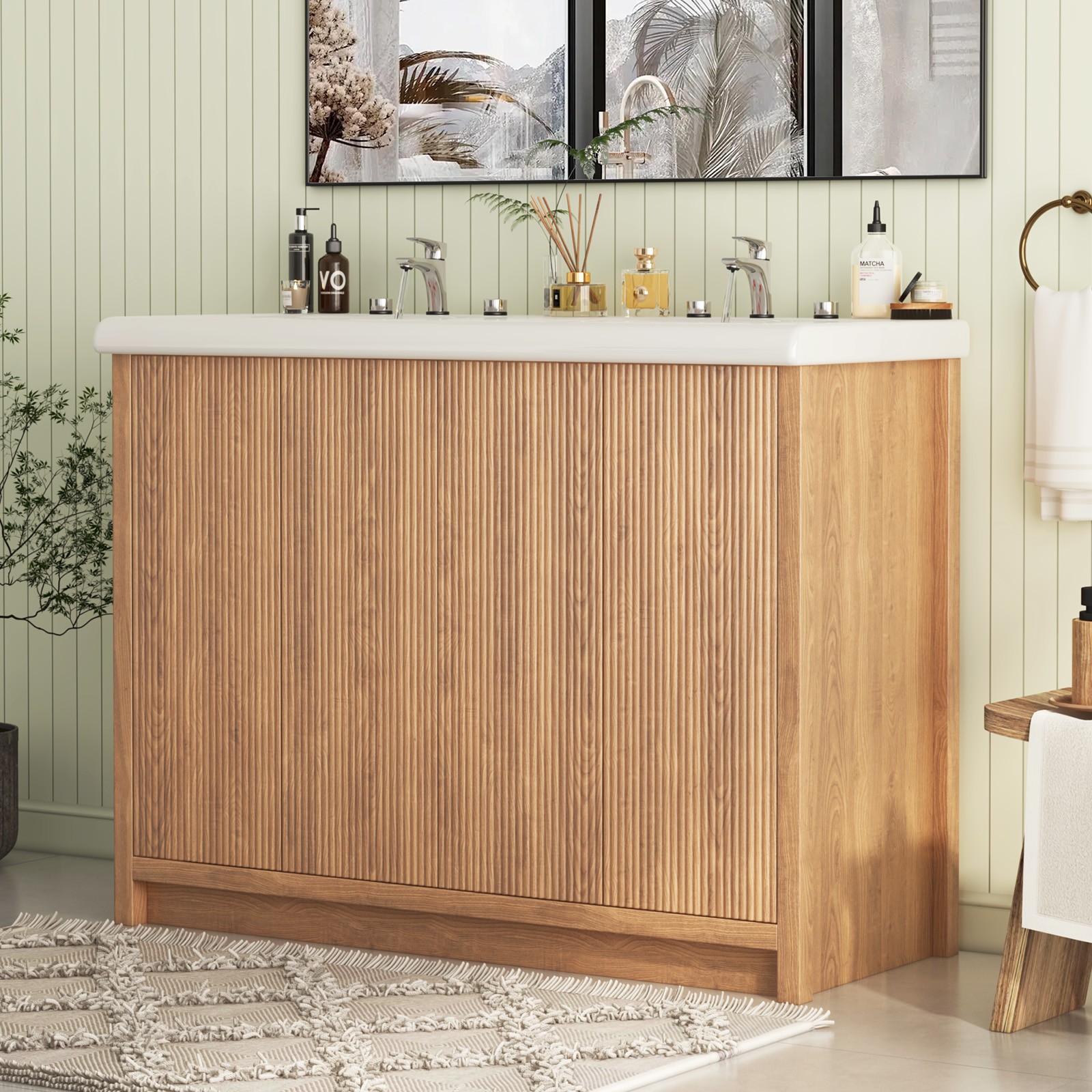 47.3″ Double Sink Bathroom Vanity Wood Grain Modern 2 Basin Storage Cabinet