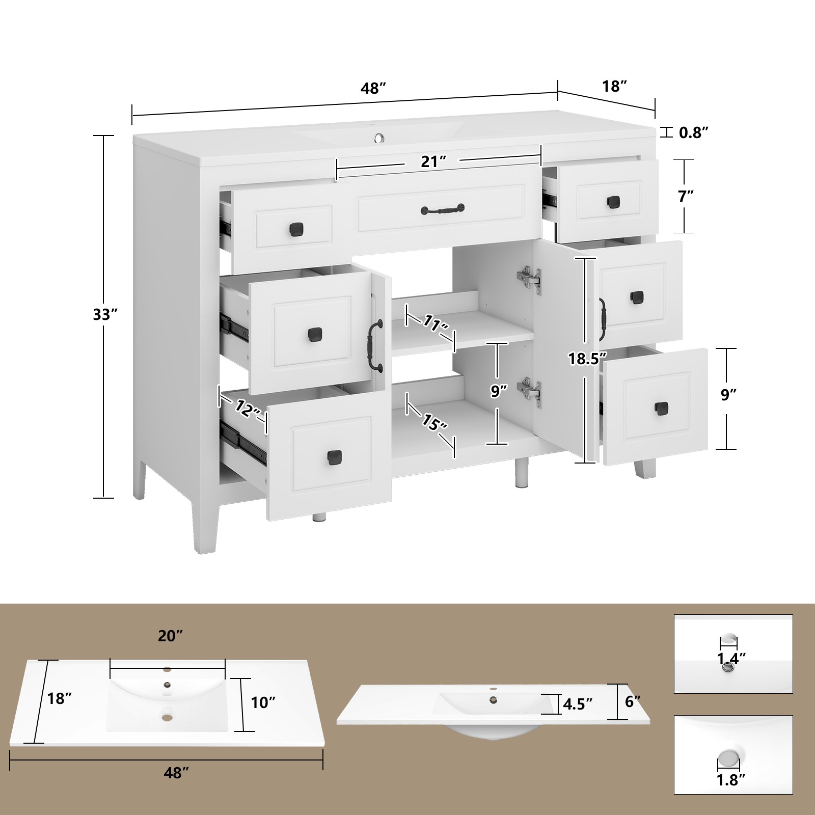 48″Bathroom Vanity with Sink Soft Close 2 Doors and 6 Drawers Freestanding White