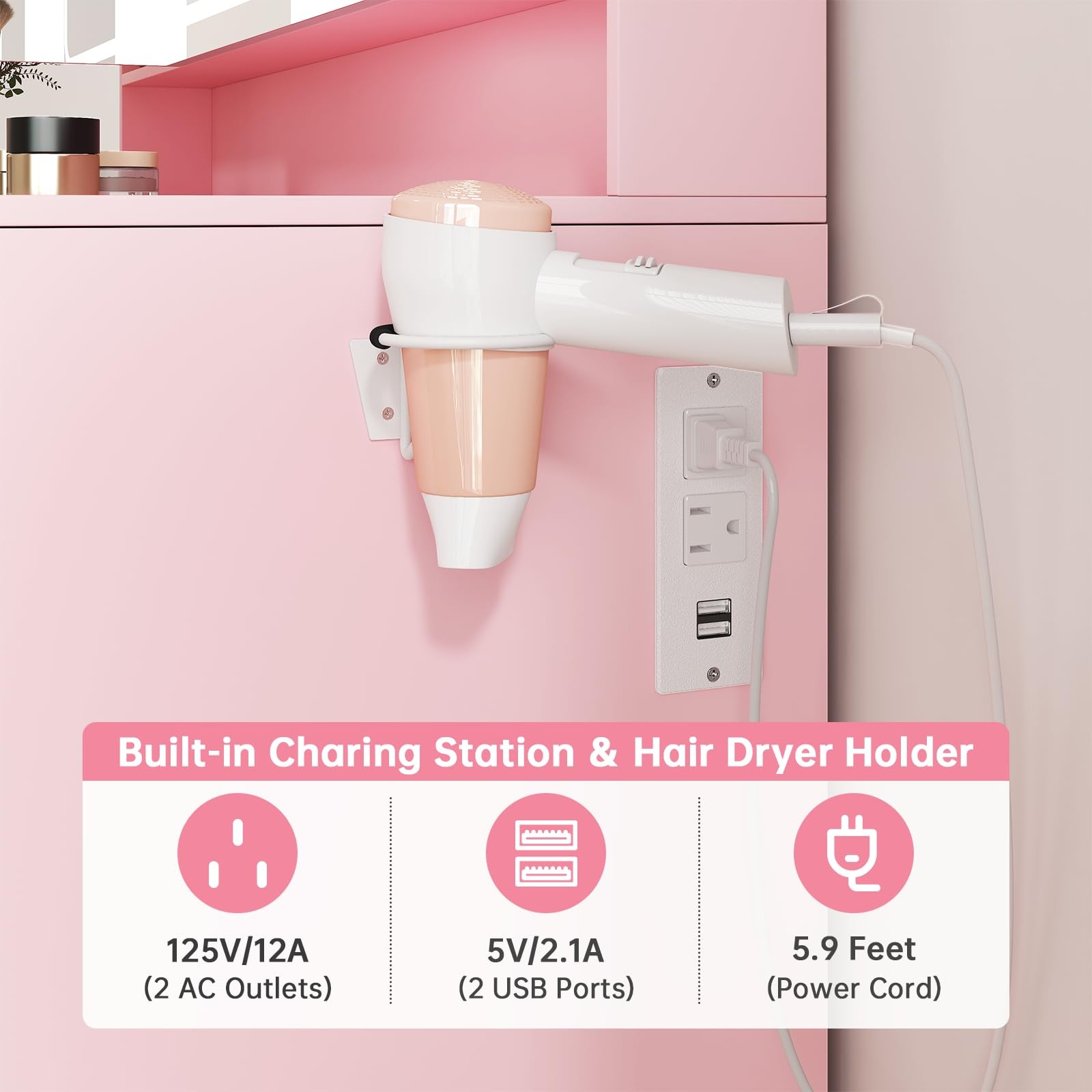 Pink Vanity Desk with Tri-Folding Mirror and Lights 7 Drawers Stool Power Outlet