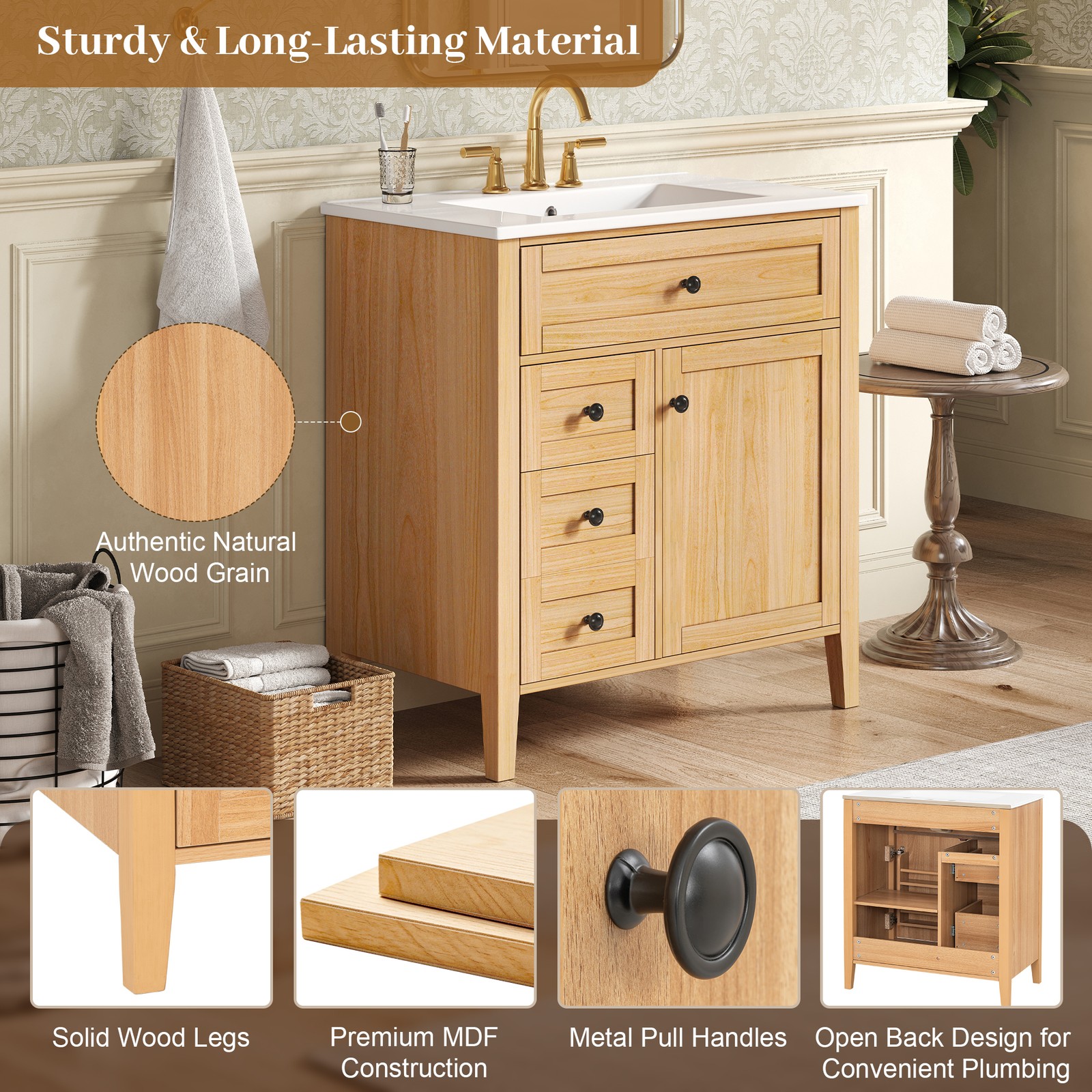 30″ Bathroom Vanity with Sink, 3 Drawers, Freestanding Vanity Storage Cabinet