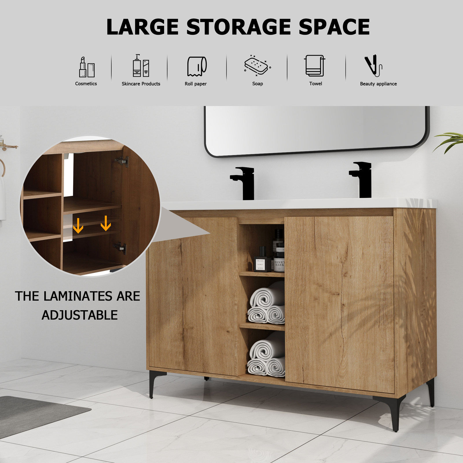 48inch Plywood Free Standing Bathroom Vanity With Double Sink W/ Shelf and Doors