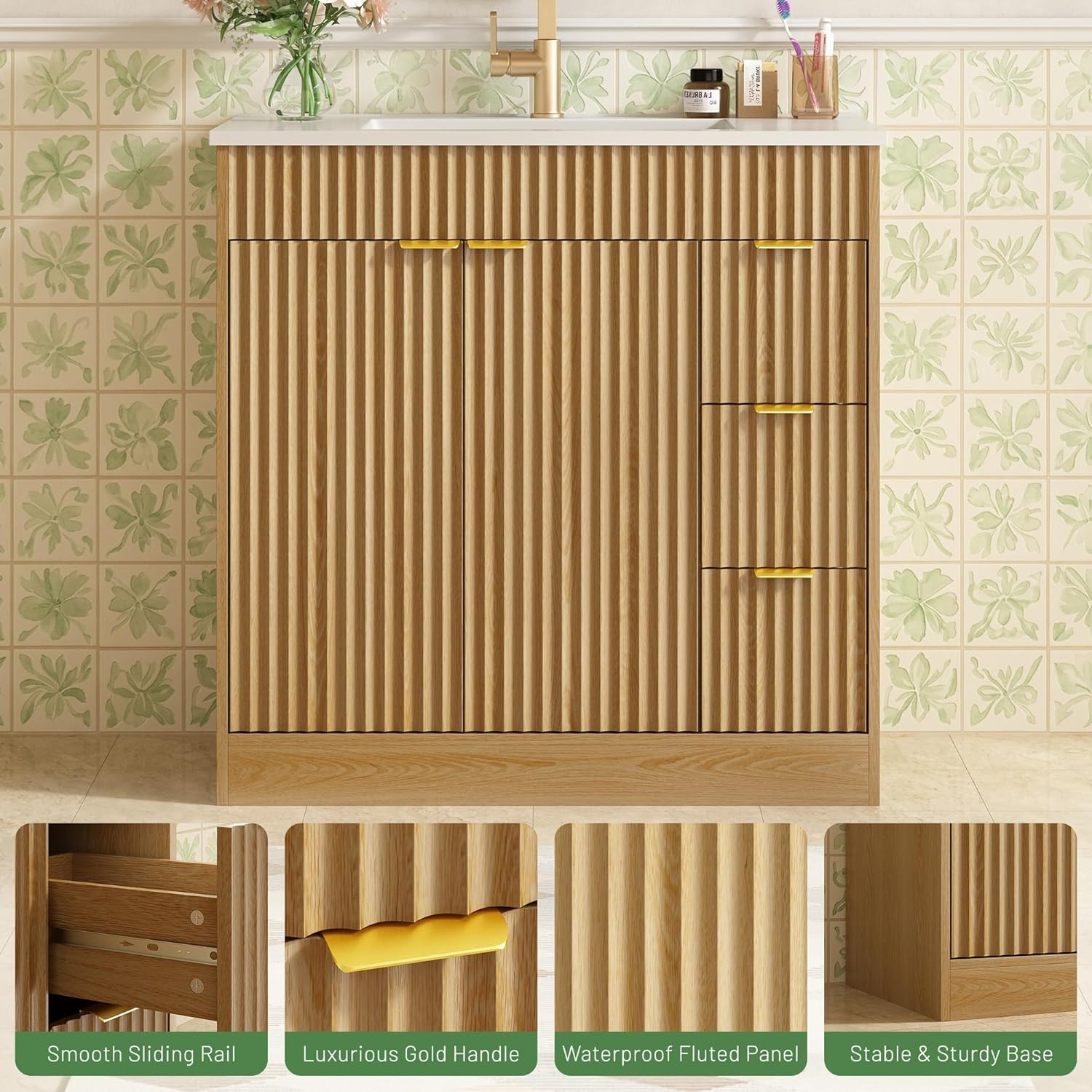 36 Inch Bathroom Vanity with Sink, Modern Fluted Bathroom Vanity with Sink with