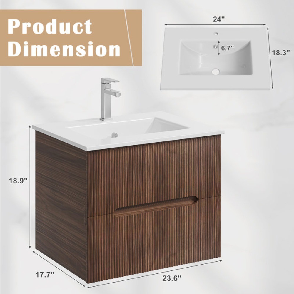 24″ Wall Mounted Single Bathroom Vanity with Ceramic Sink & Faucet, White/Oak