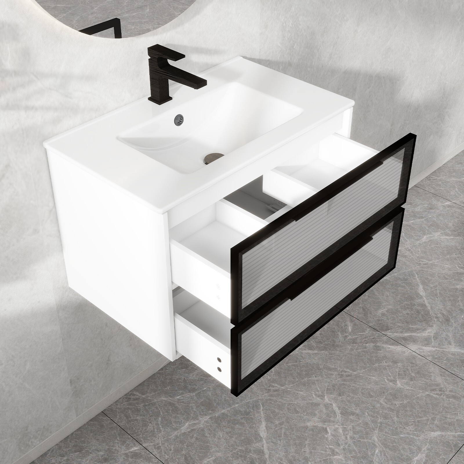 30” Floating Bathroom Vanity Set Ceramic Undermount Sink 2 Glass Drawers Towel