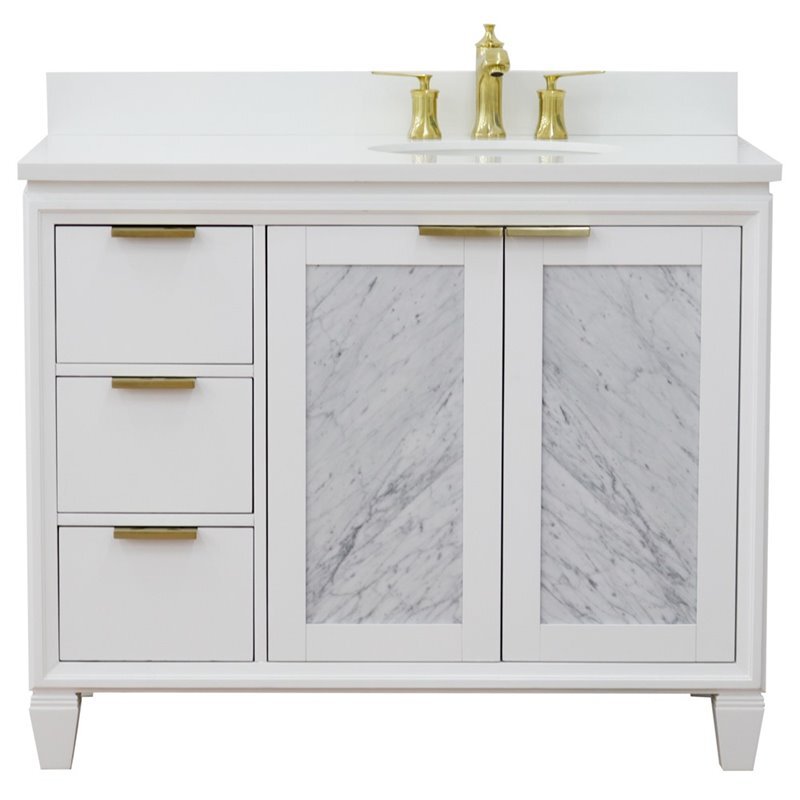 Trento 43″ Solid Wood Vanity with Right Oval Sink in White Quartz Stone