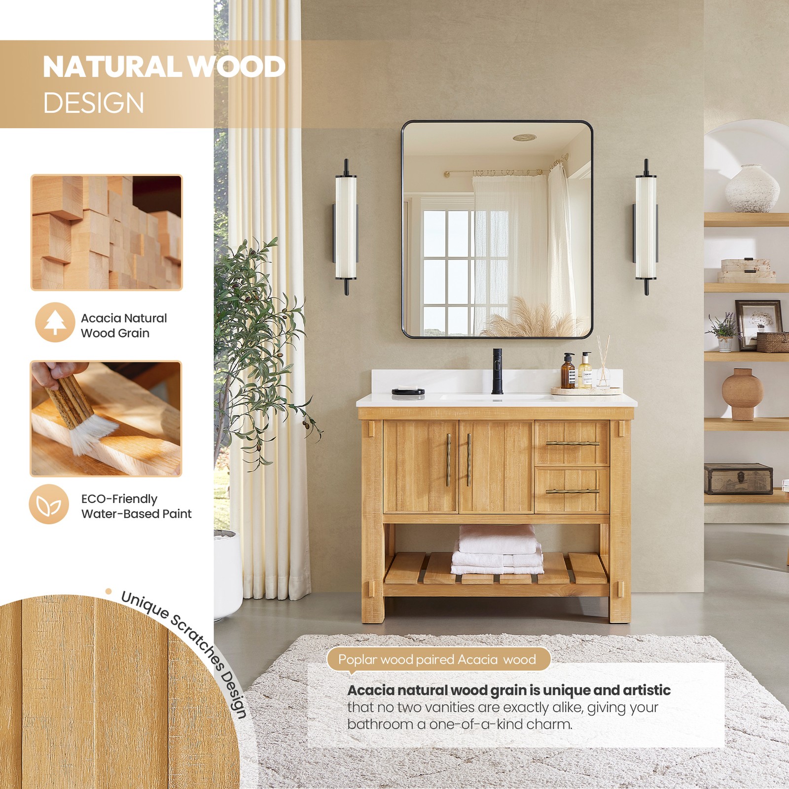 Paris 42″ Single Bath Vanity in Acacia Classic Grey with White Quartz Stone Top