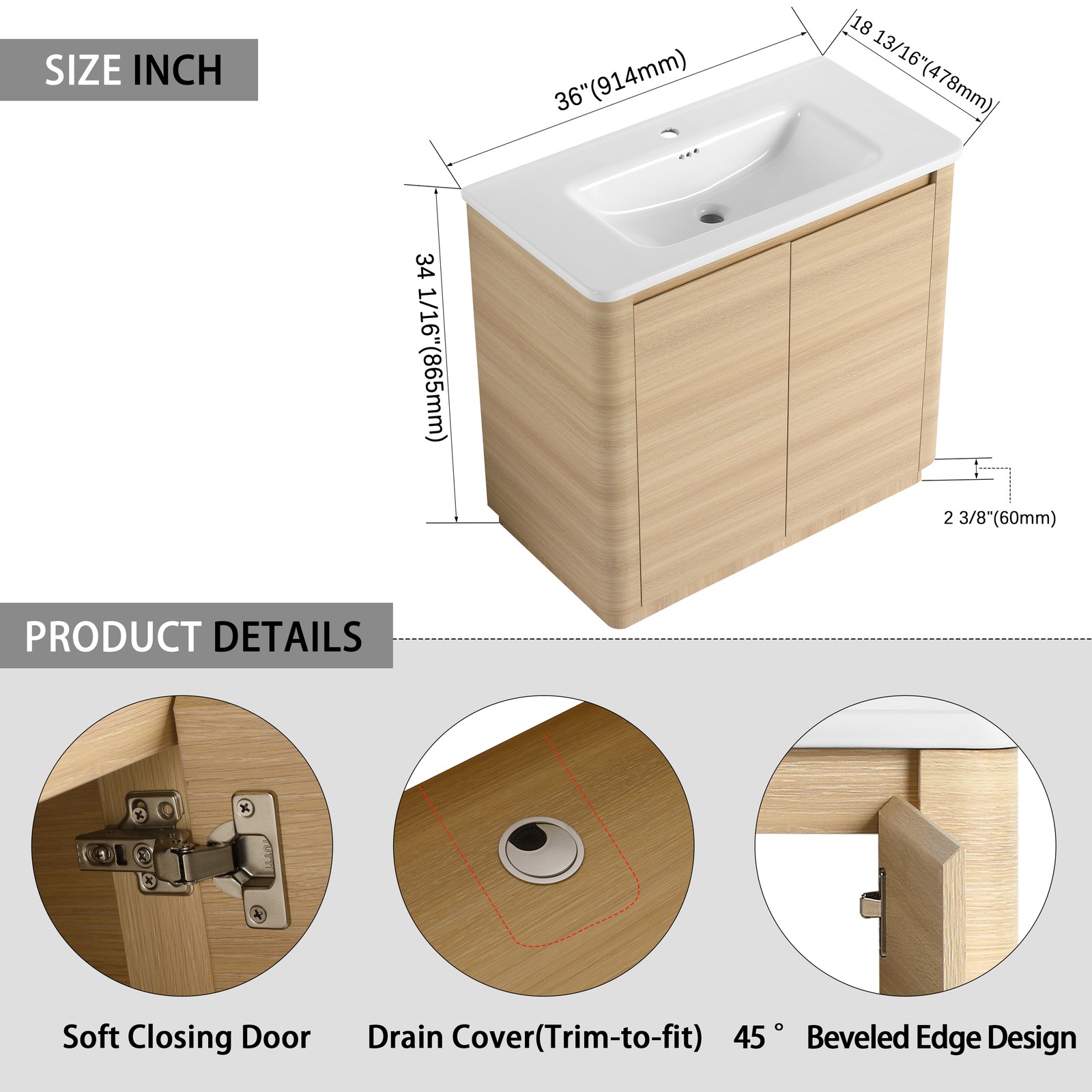 36” Plywood Freestanding Bathroom Vanity W/White Ceramic Sink 2 Doors Oak Color