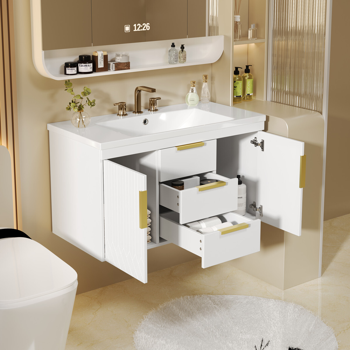 36″ Wall Mounted Bathroom Vanity w/Sink, Floating Vanity Cabinet 2 Drawers Doors