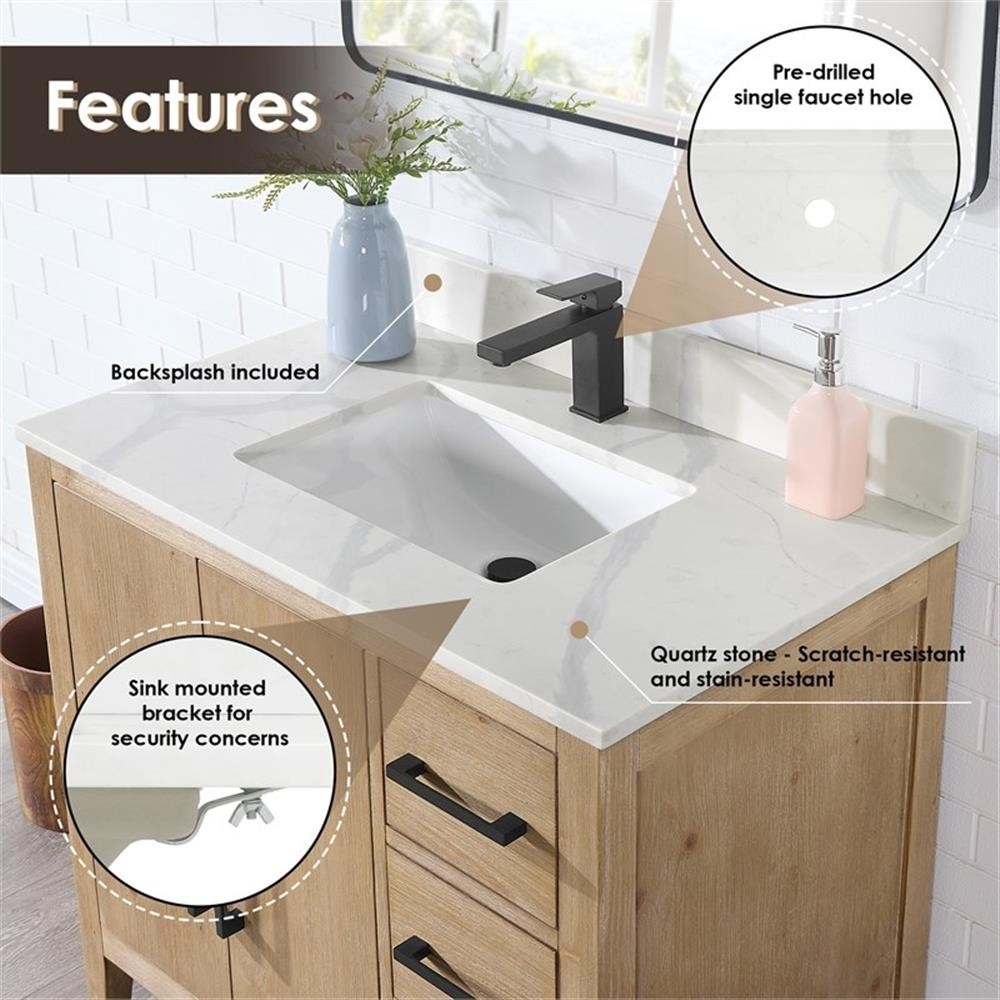 Laurel 36″ Wood Vanity in Weathered Fir Calacatta White Quartz Top no Mirror
