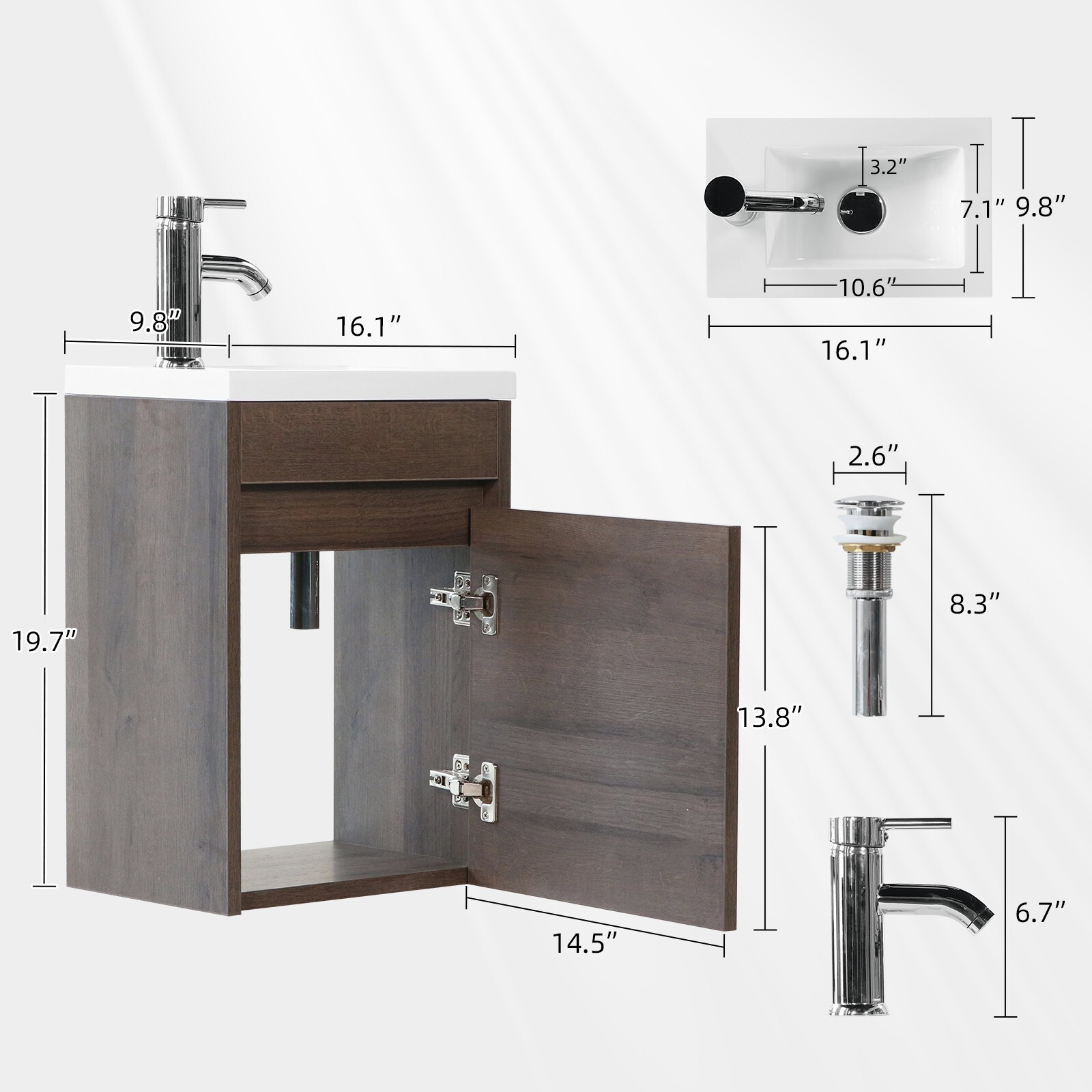 16″ Bathroom Vanity With Sink Wall Mount Floating Cabinet for Small Roomw/Faucet