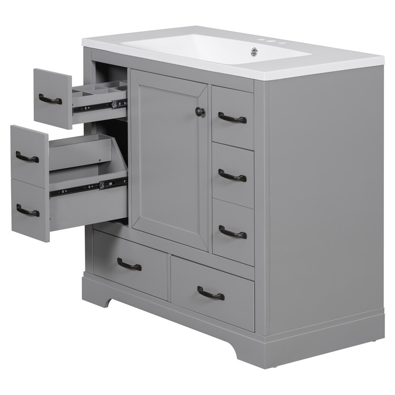 36 Inch Modern Bathroom Vanity with Sink Combo,Six Drawers,Adjustable Shelf,Grey