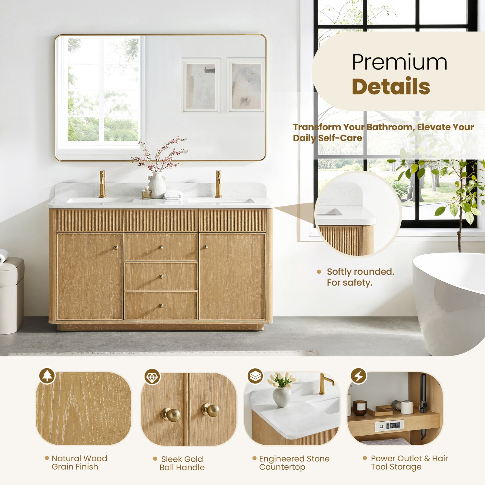 Zogno 60″ Solid Wood Double Bath Vanity in Washed Ash Gray with White Stone Top