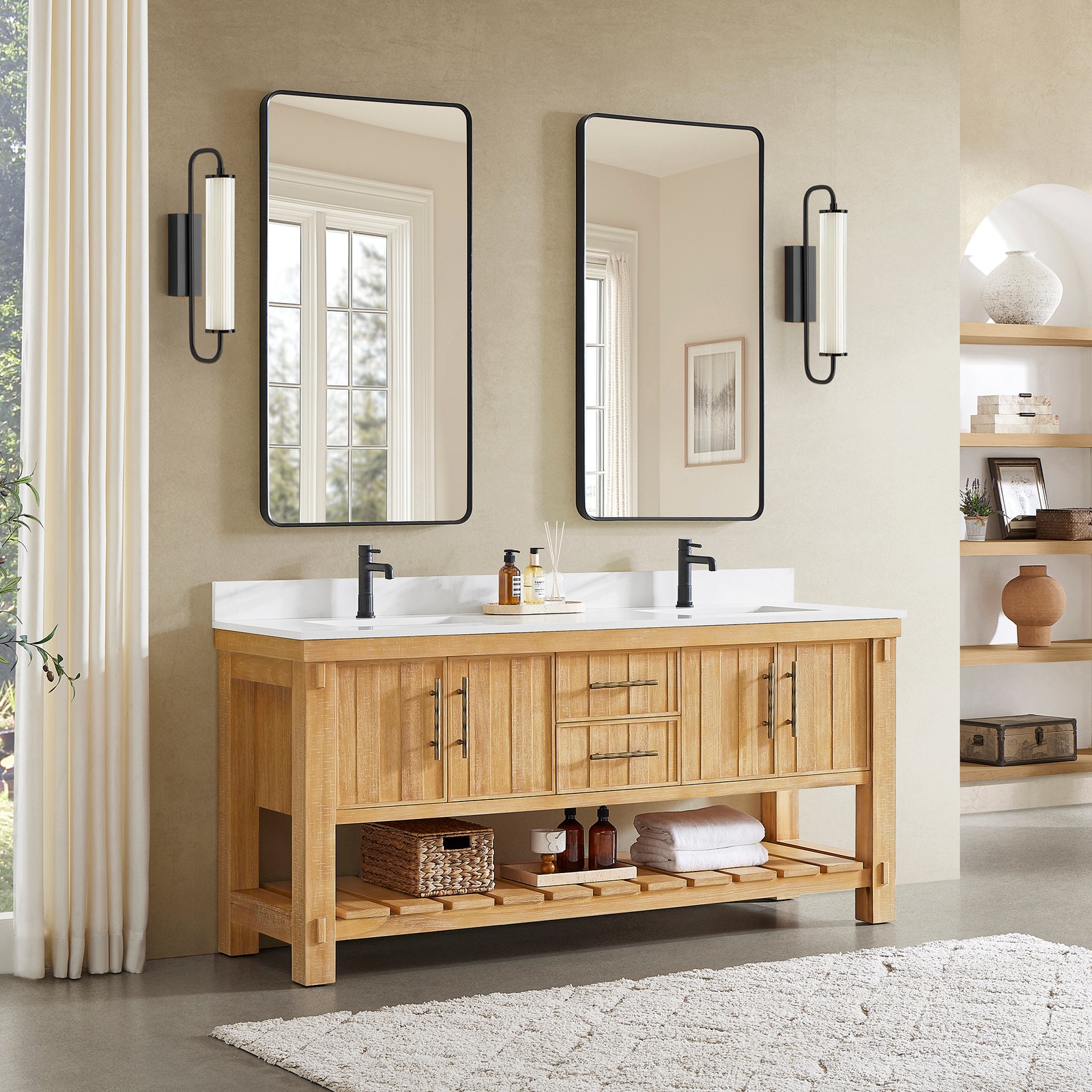 Paris 72″ Double Bath Vanity in Acacia Classic Grey with White Quartz Stone Top