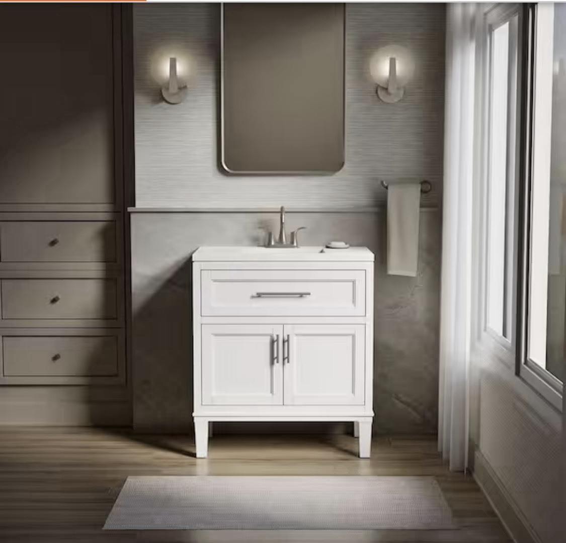 KOHLER Chesil 30″ White Wood Vanity w/ Sink Quartz Top Soft-Close Doors/Drawer