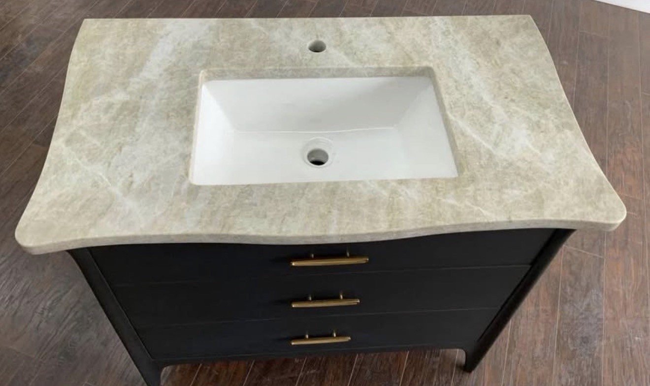 38×21 Black Art Deco Freestanding Single Sink Vanity, Stone Top, 3 Drawers