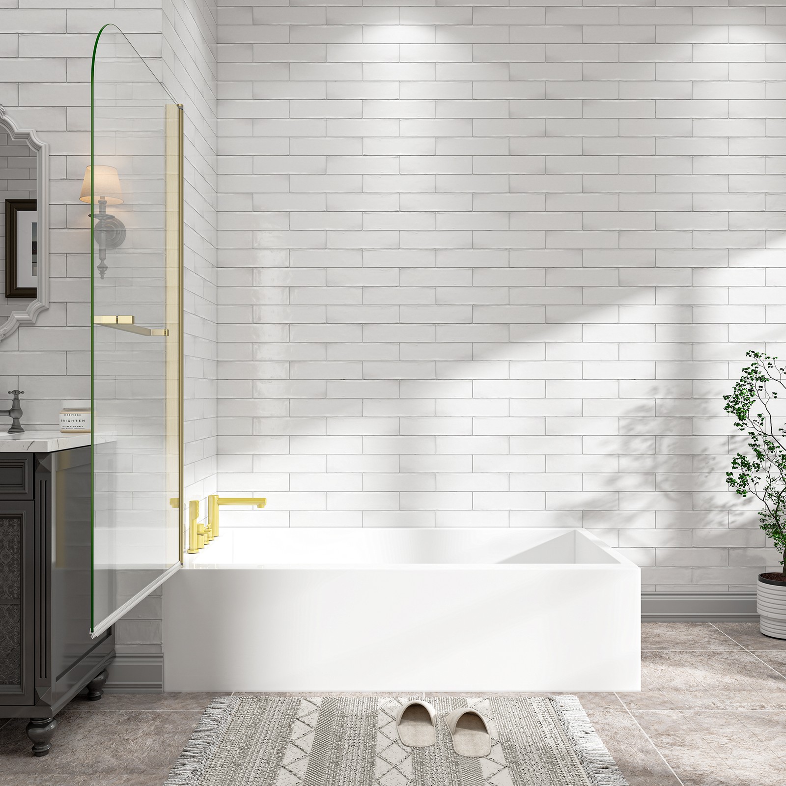 Frameless Shower Door 180 Pivot Brushed Gold Tempered Glass 31-32″ x 55″