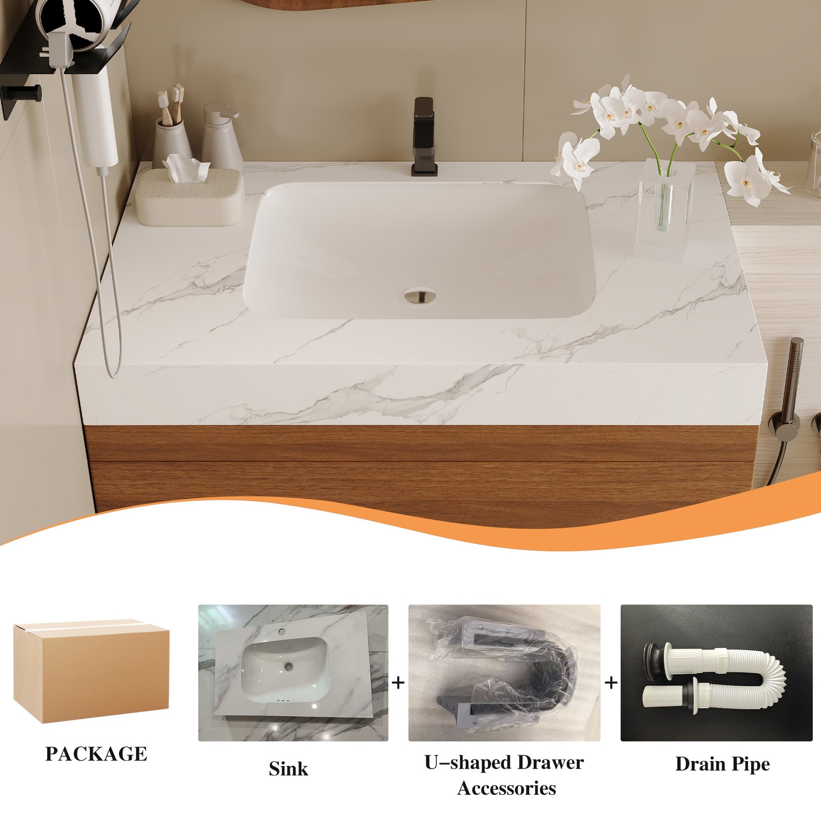 29.9″ Modern Floating Bathroom Vanity Storage Cabinet w/Faux Marble Top & Sink