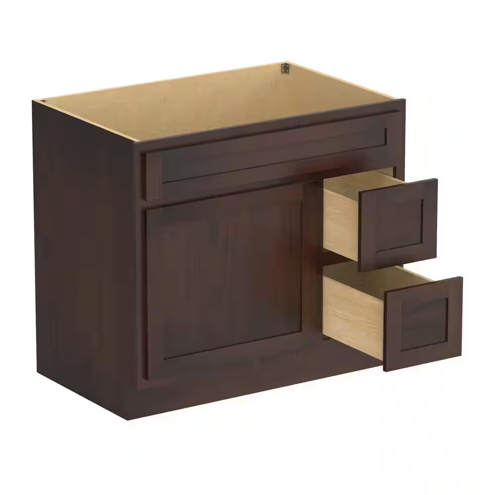 36 In. W X 21 In. D X 32.5 In. H 2-Right Drawers Bath Vanity Cabinet Only in Bro