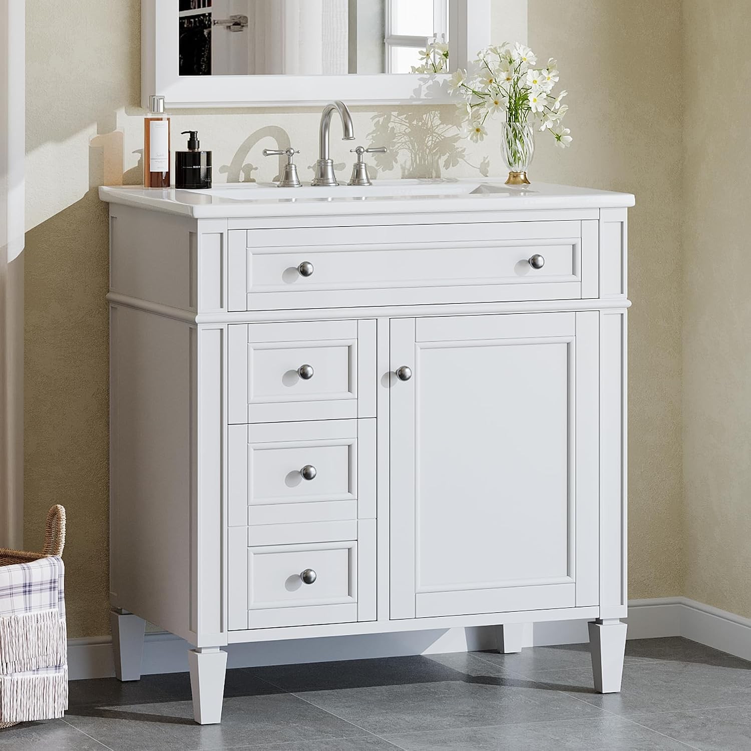 30″ Bathroom Vanity w/Ceramic Sink, 3 Drawers, Freestanding Bath Vanity Cabinet