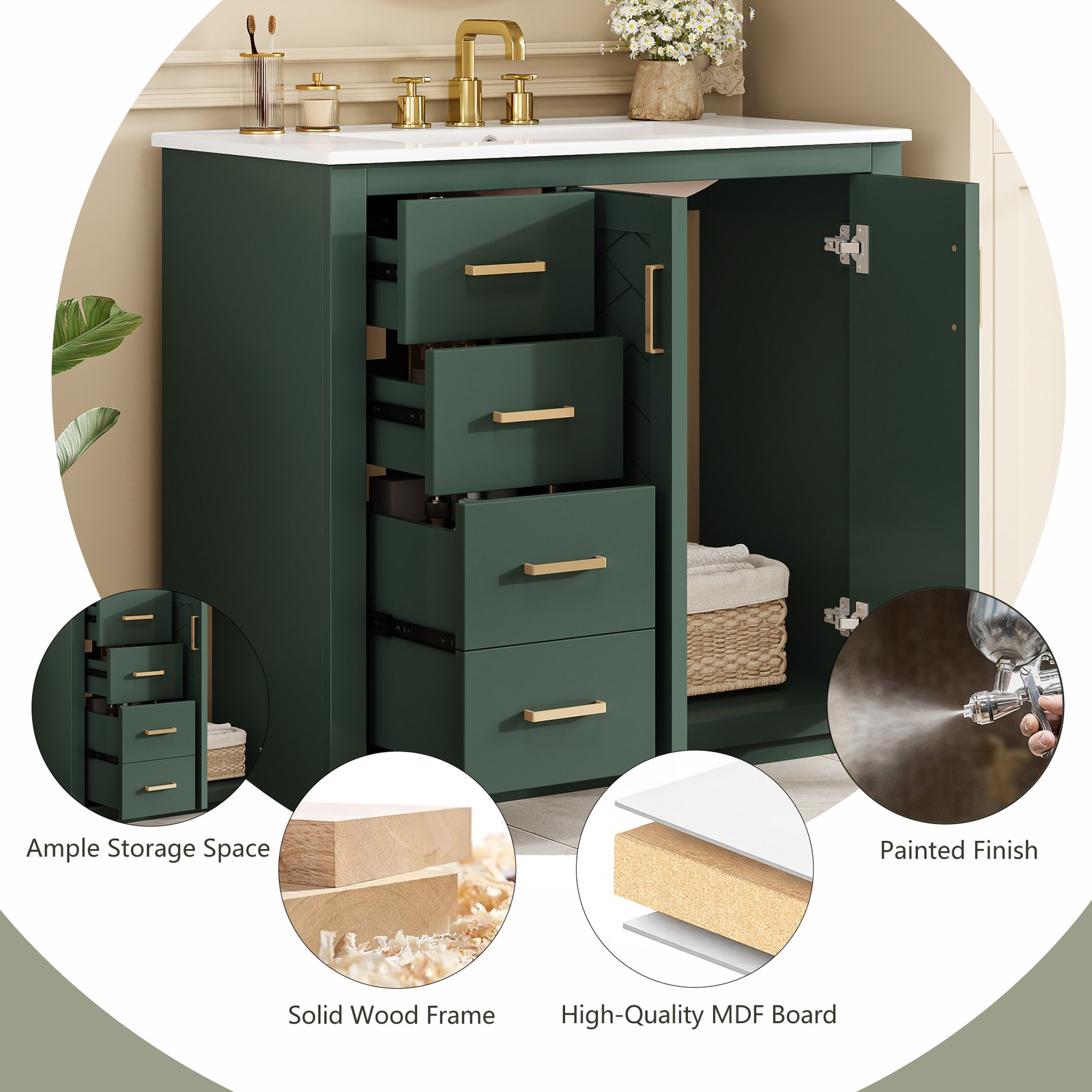 36″ Bathroom Vanity with Ceramic Sink, Solid Wood Frame, 3 Drawers