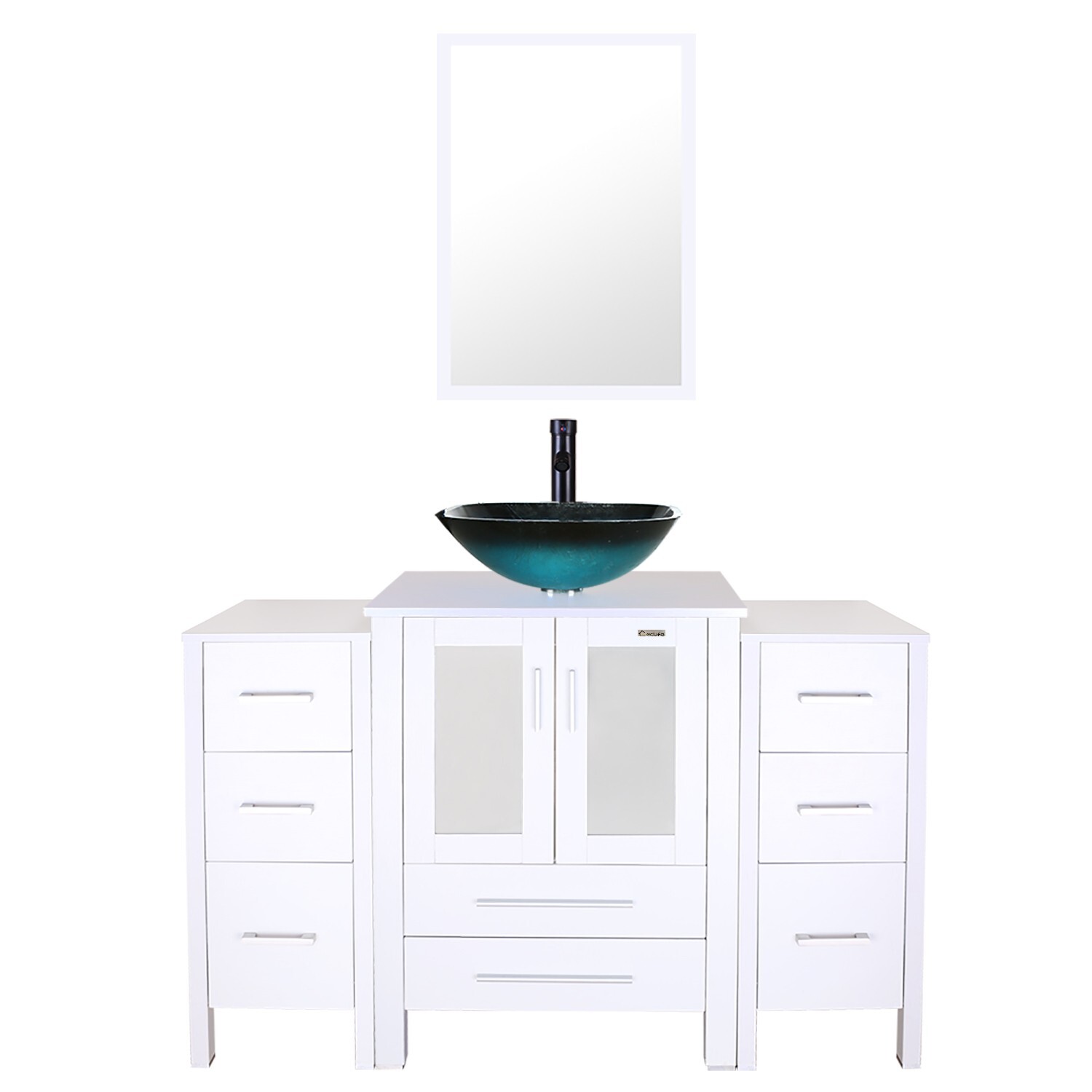 48″ Bathroom Vanity White Cabinet Set Tempered Glass Vessel Sink Combo No Mirror