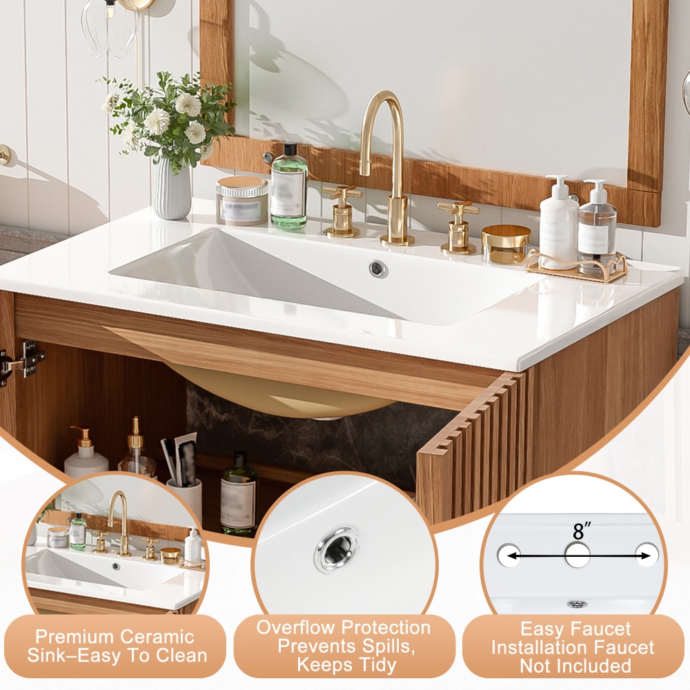 29.9-inch Traditional Bathroom Vanity with Ceramic Sink, Solid Wood Legs