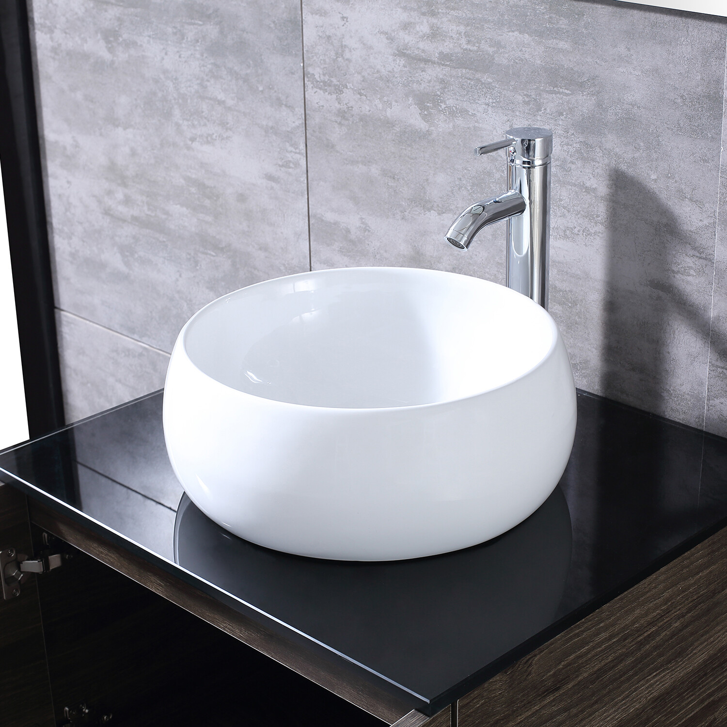 24″Bathroom Vanity Wood Cabinet White Ceramic Sink Bowl Basin Brown Mirror Combo
