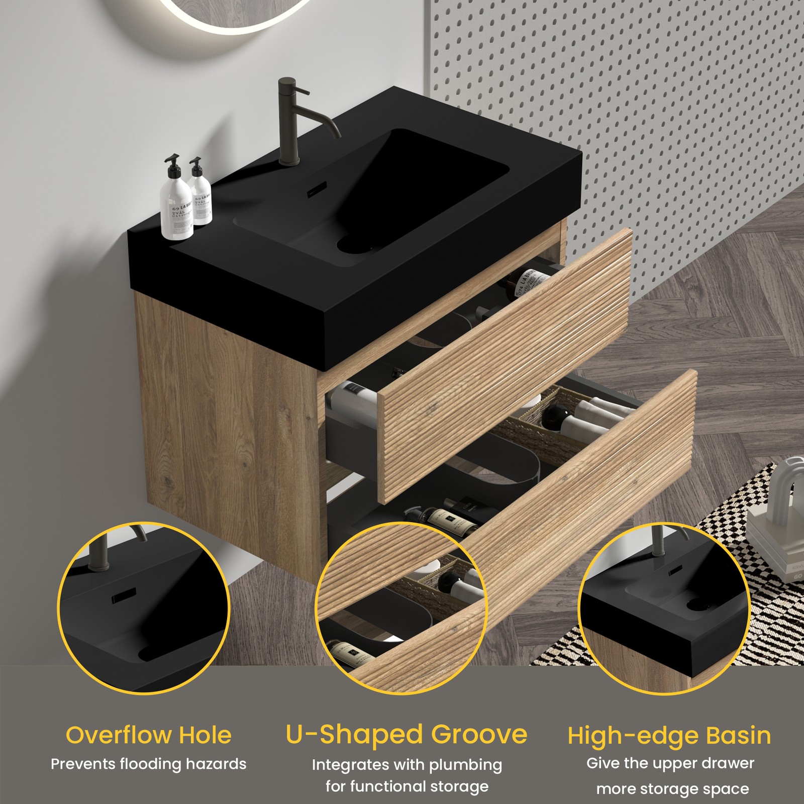30″ Rough Oak Wall Mounted Bathroom Vanity with Black Sink & Drawers