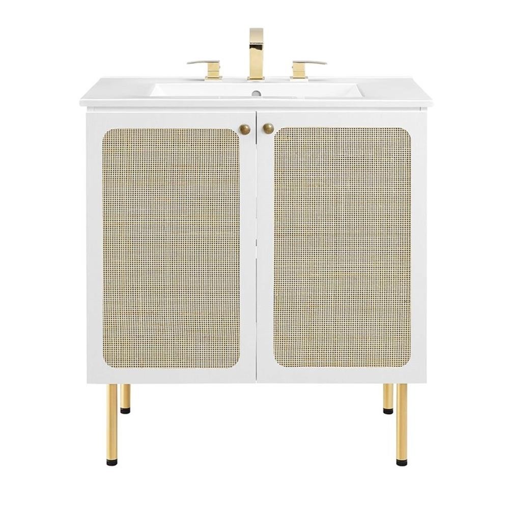 Pemberly Row 30″ Wood & Rattan Bathroom Vanity with Adjustable Shelf in White