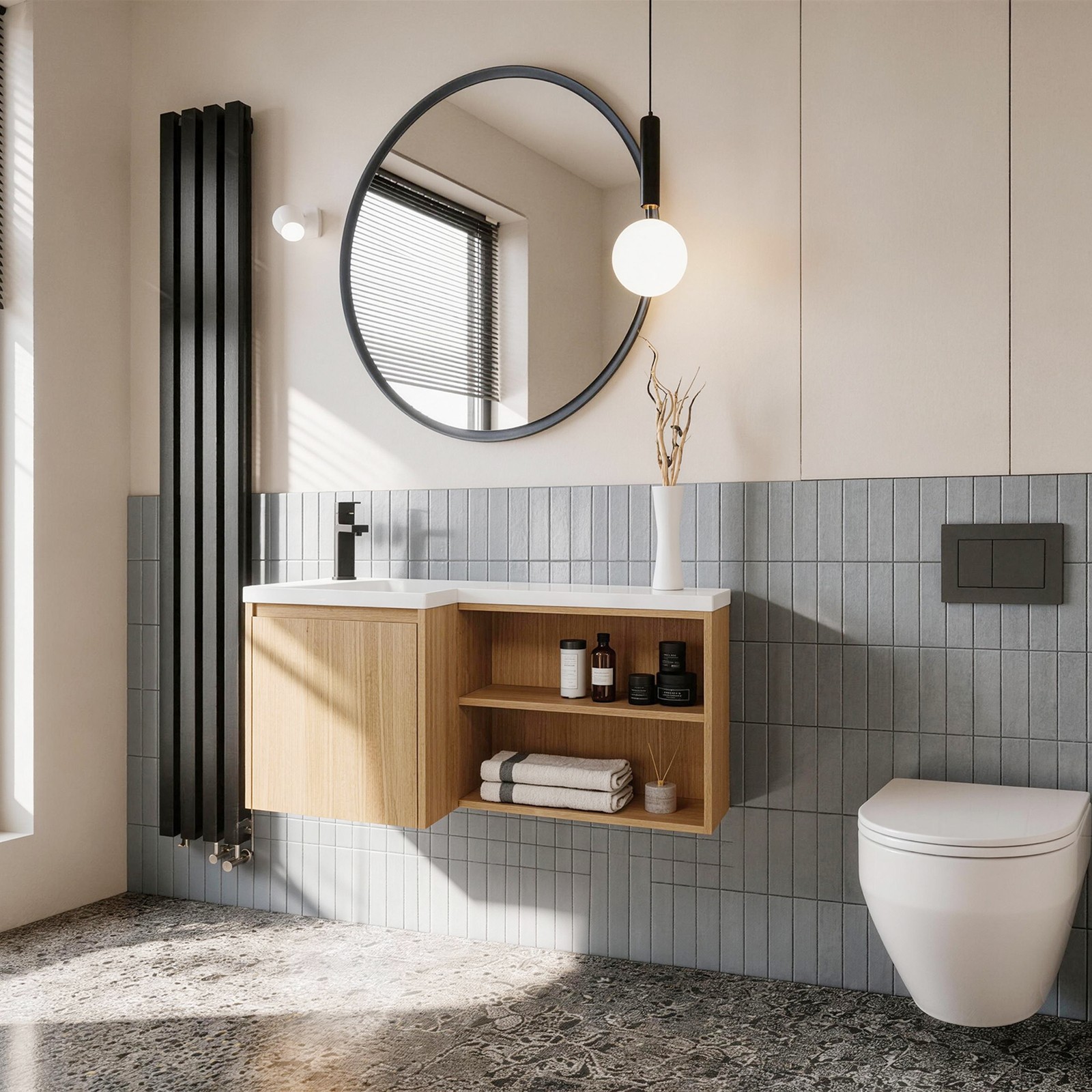 36″ Corner Floating Bathroom Vanity with Integrated Sink, Light Oak