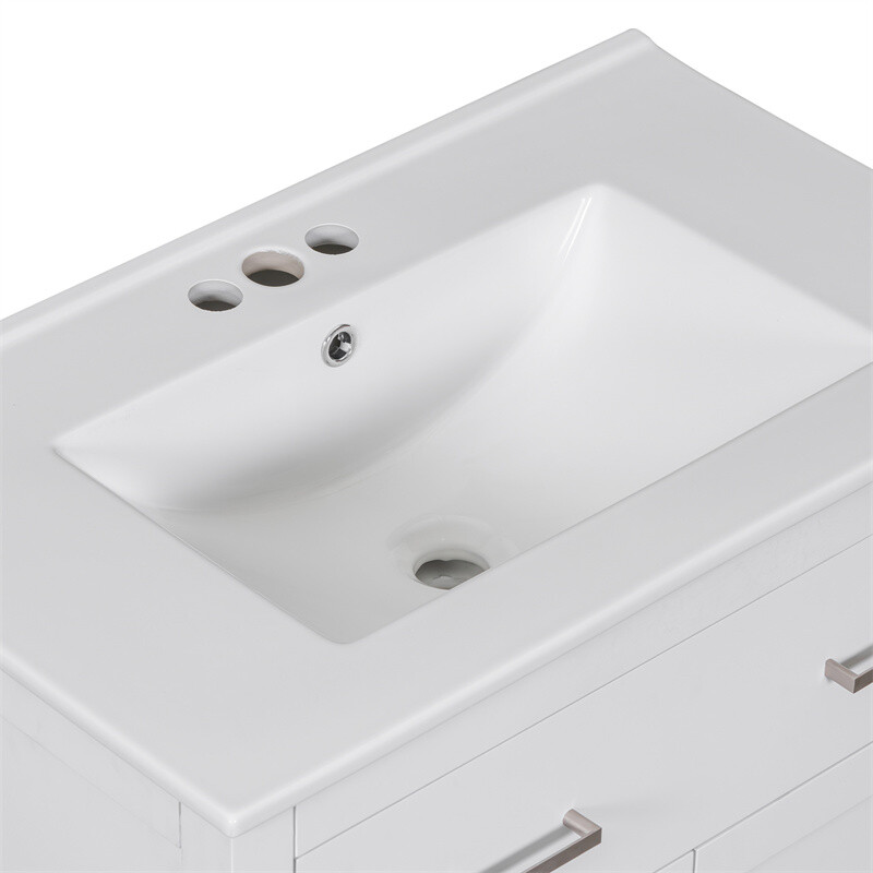 30-inch White Bathroom Vanity w/Ceramic Sink,Soft Close Doors & Flip-out Drawer