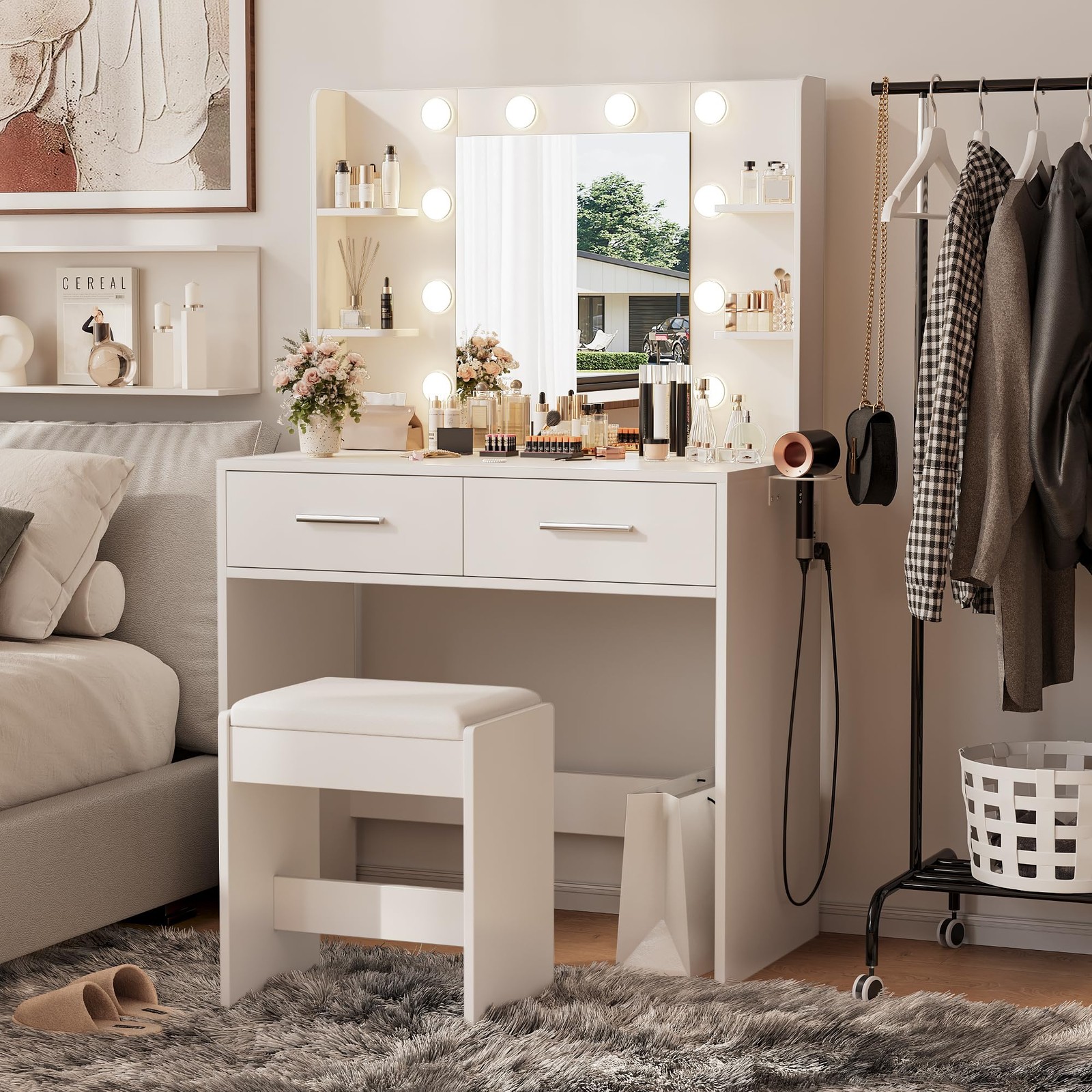 White Vanity w/ Mirror Power Outlet 3 Color Dimmable LED 2-Drawer 6-Shelf Bench