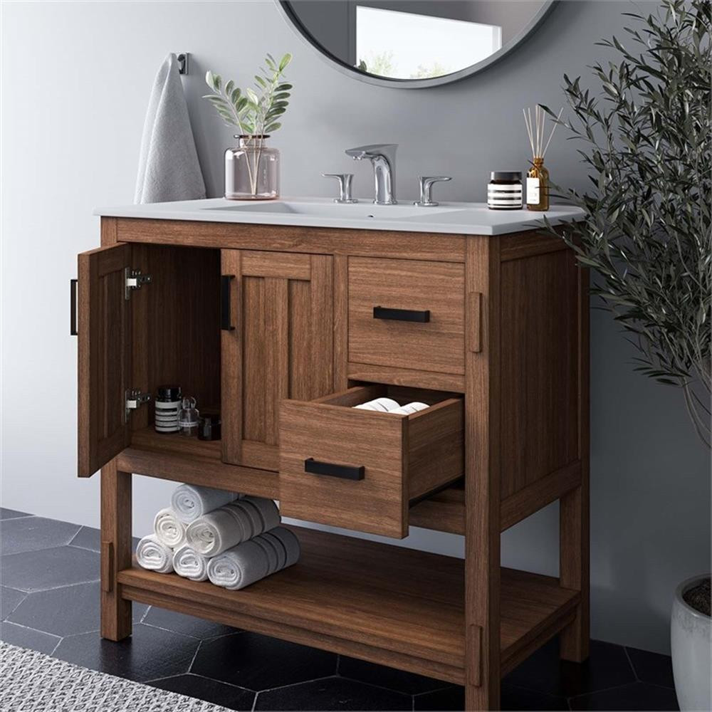 Modway Ashlyn 36″ Wood Bathroom Vanity with Open Shelf in Walnut and White