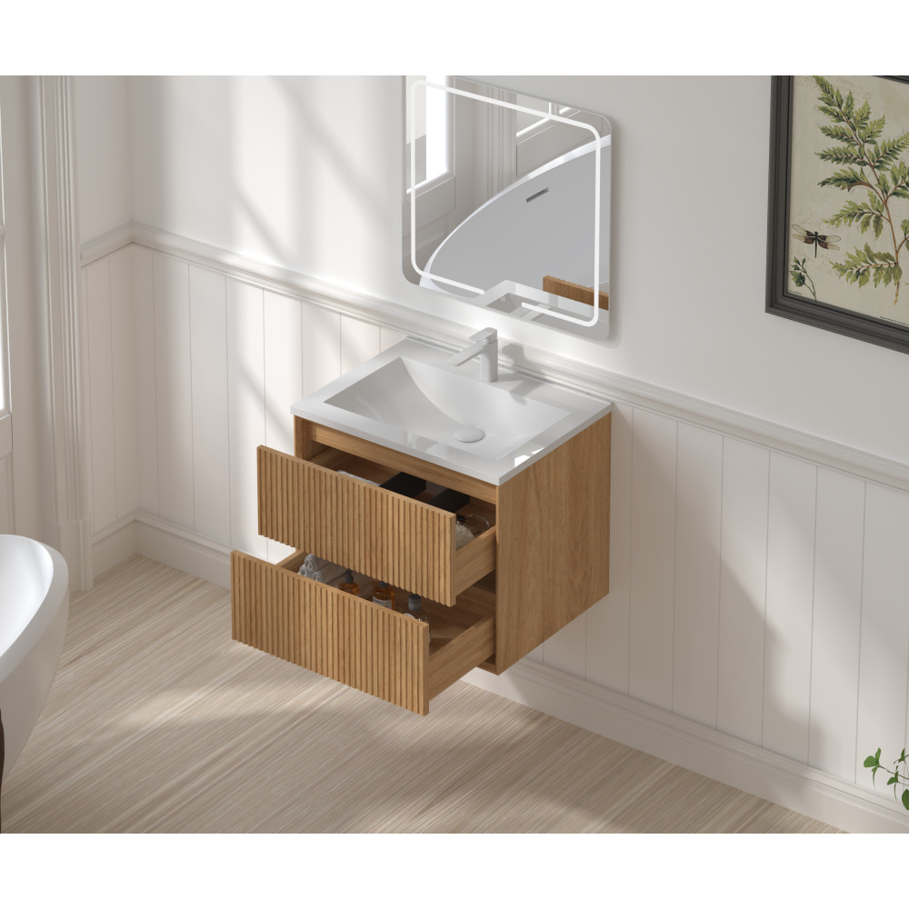 24 Inch Walnut Floating Bathroom Vanity Wall Mounted Solid Wood Cabinet