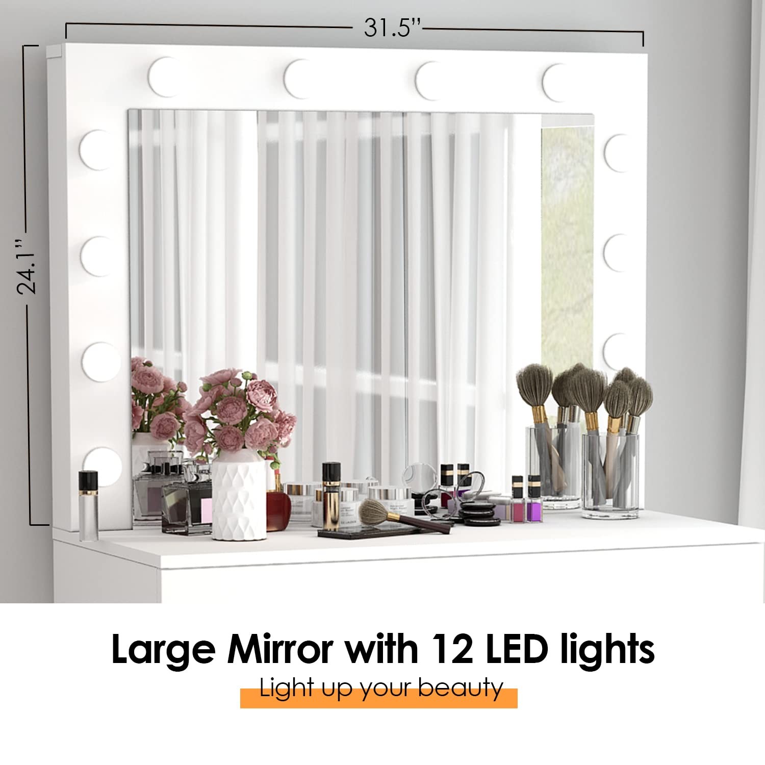 Makeup Vanity Desk with Lights Dimmable Large Drawer Sturdy Bedroom Studio White