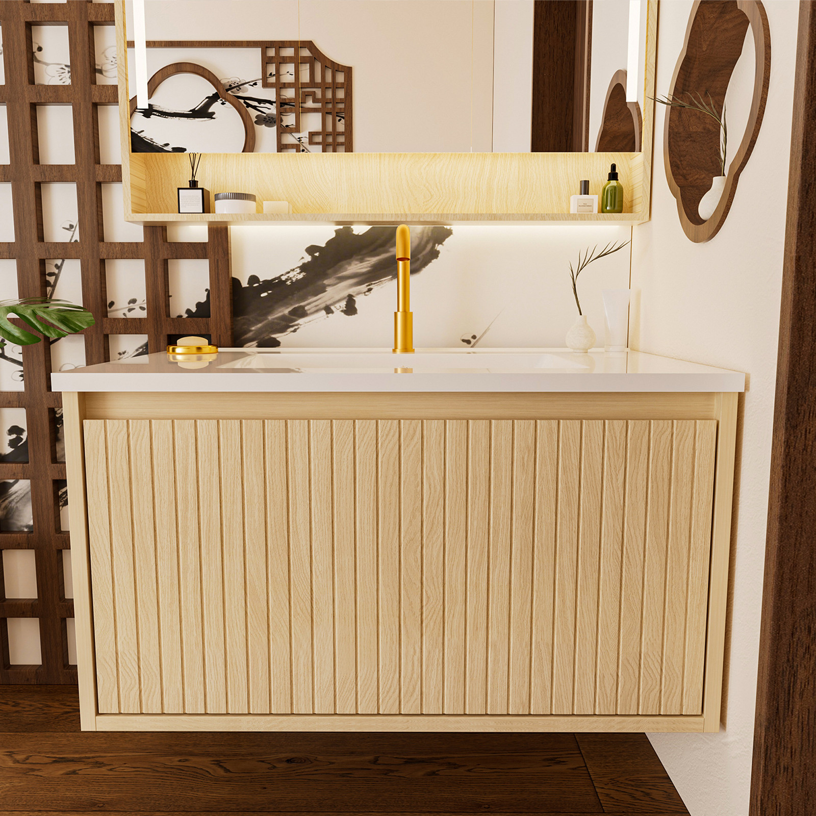 30″ Bathroom Vanity Cabinet w/Ceramic Sink Wall Mounted Floating Fluted Vanity