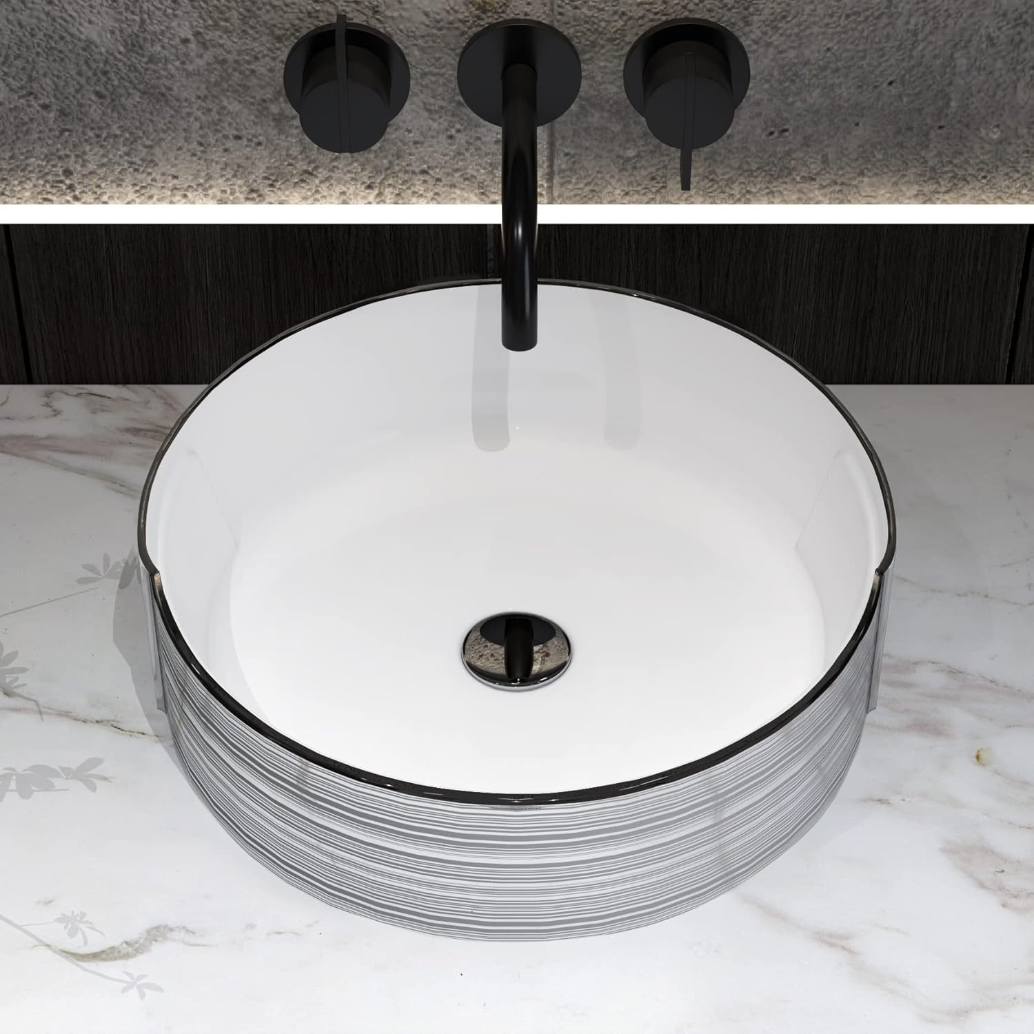 Elegant 16.75″ Silver Stripe Round Art Basin Bathroom Vessel Sink with Drain