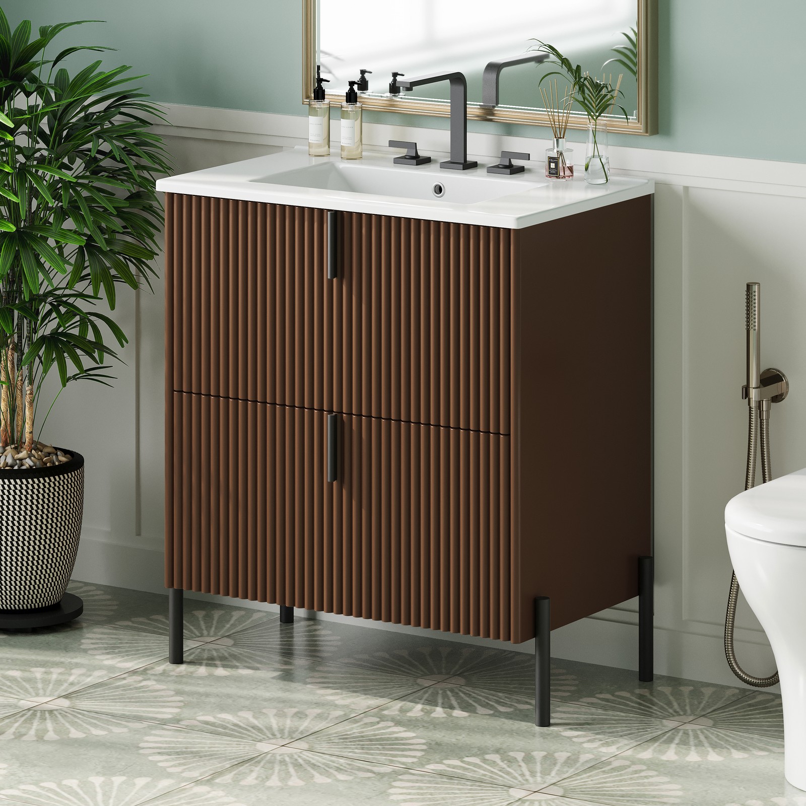30″ Bathroom Vanity with Ceramic Sink Freestanding Bathroom Vanity w/2 Drawers