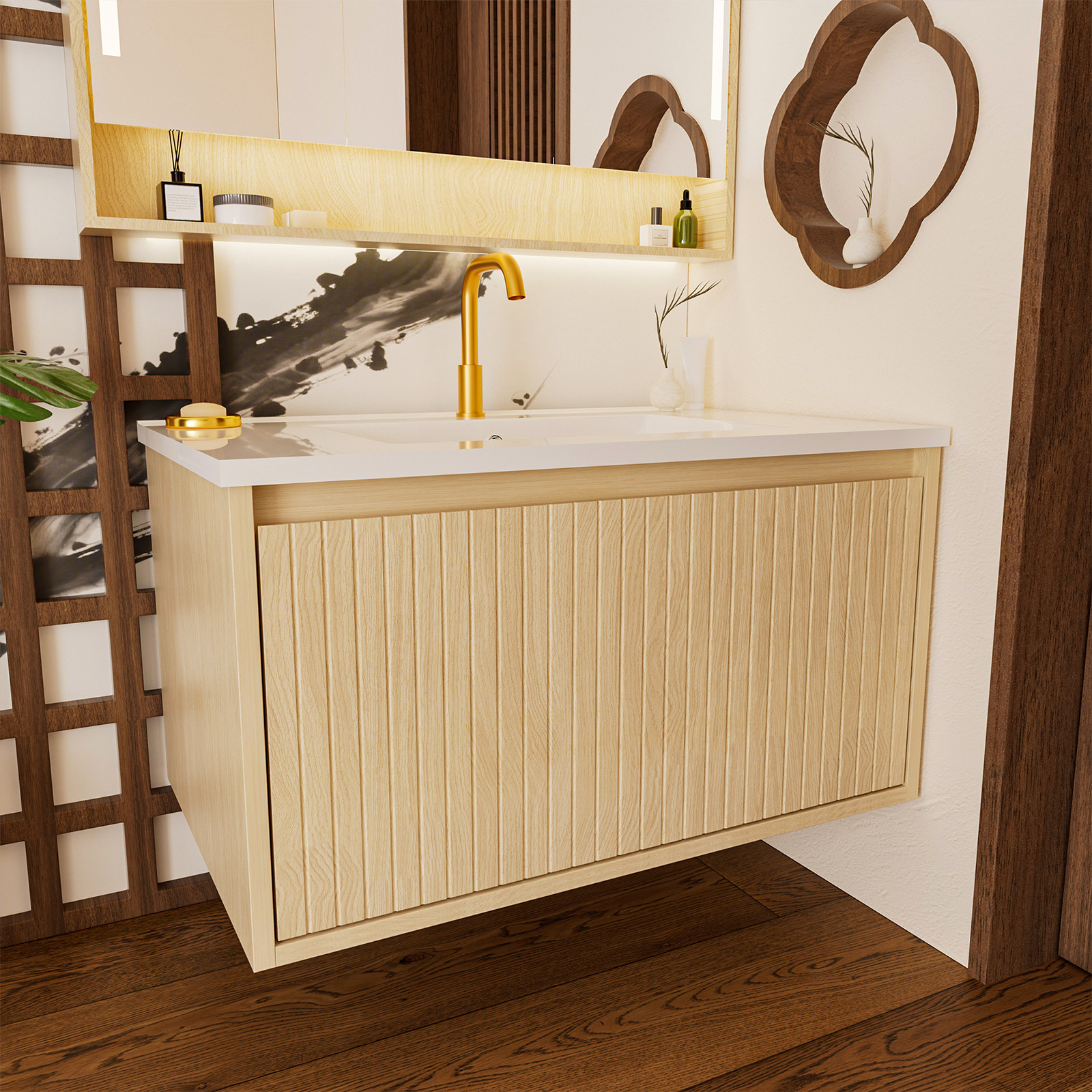 30″ Bathroom Vanity Cabinet w/Ceramic Sink Wall Mounted Floating Fluted Vanity