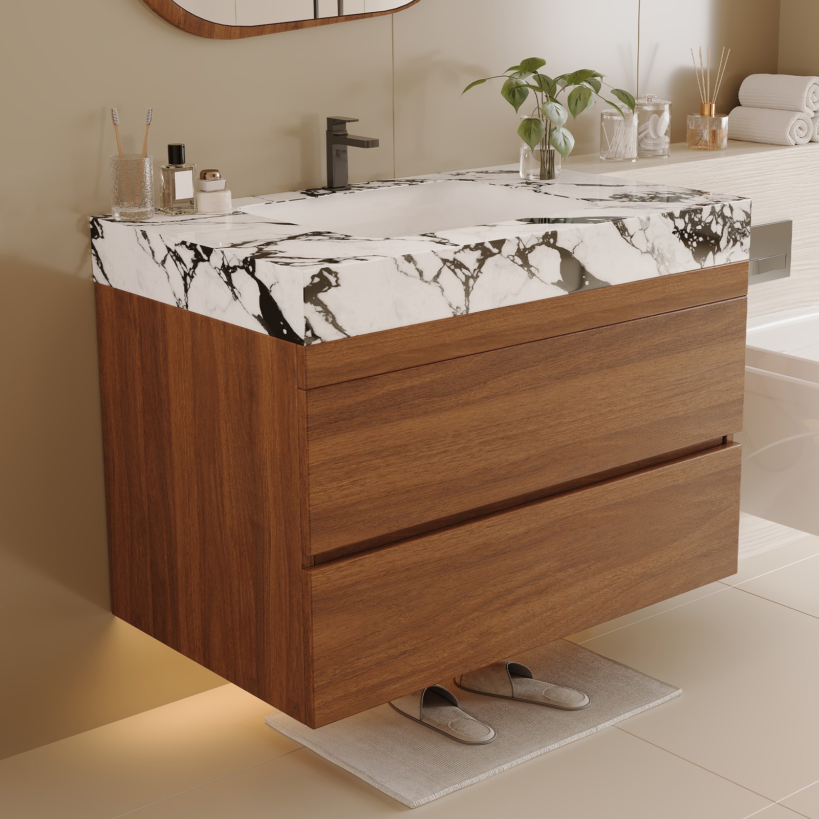 29.9″ Modern Floating Bathroom Vanity Storage Cabinet w/Faux Marble Top & Sink