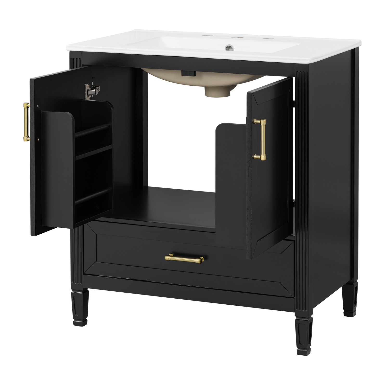 30 Inch Black Fluted Bathroom Vanity with Ceramic Sink, Soft-Close