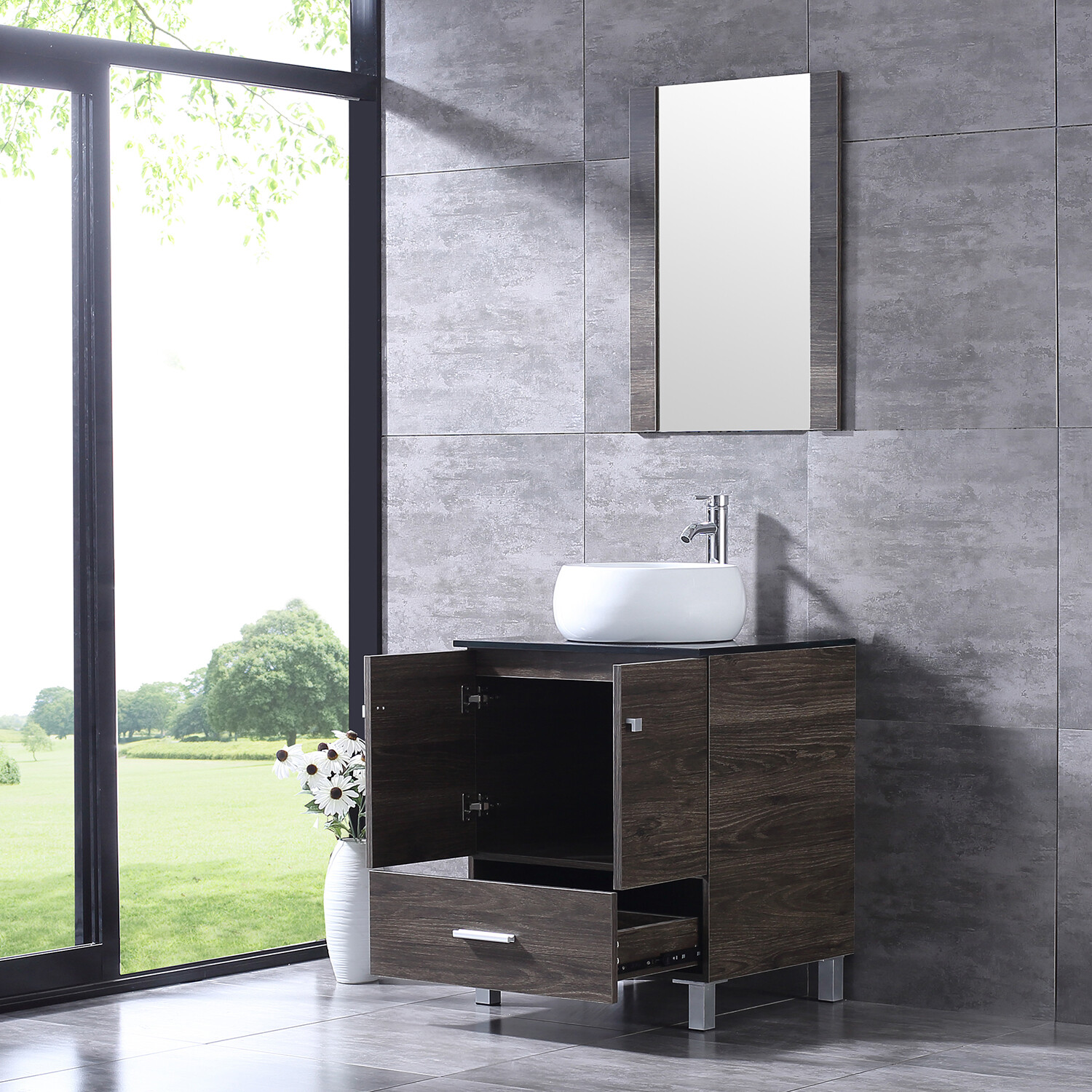 24″Bathroom Vanity Wood Cabinet White Ceramic Sink Bowl Basin Brown Mirror Combo