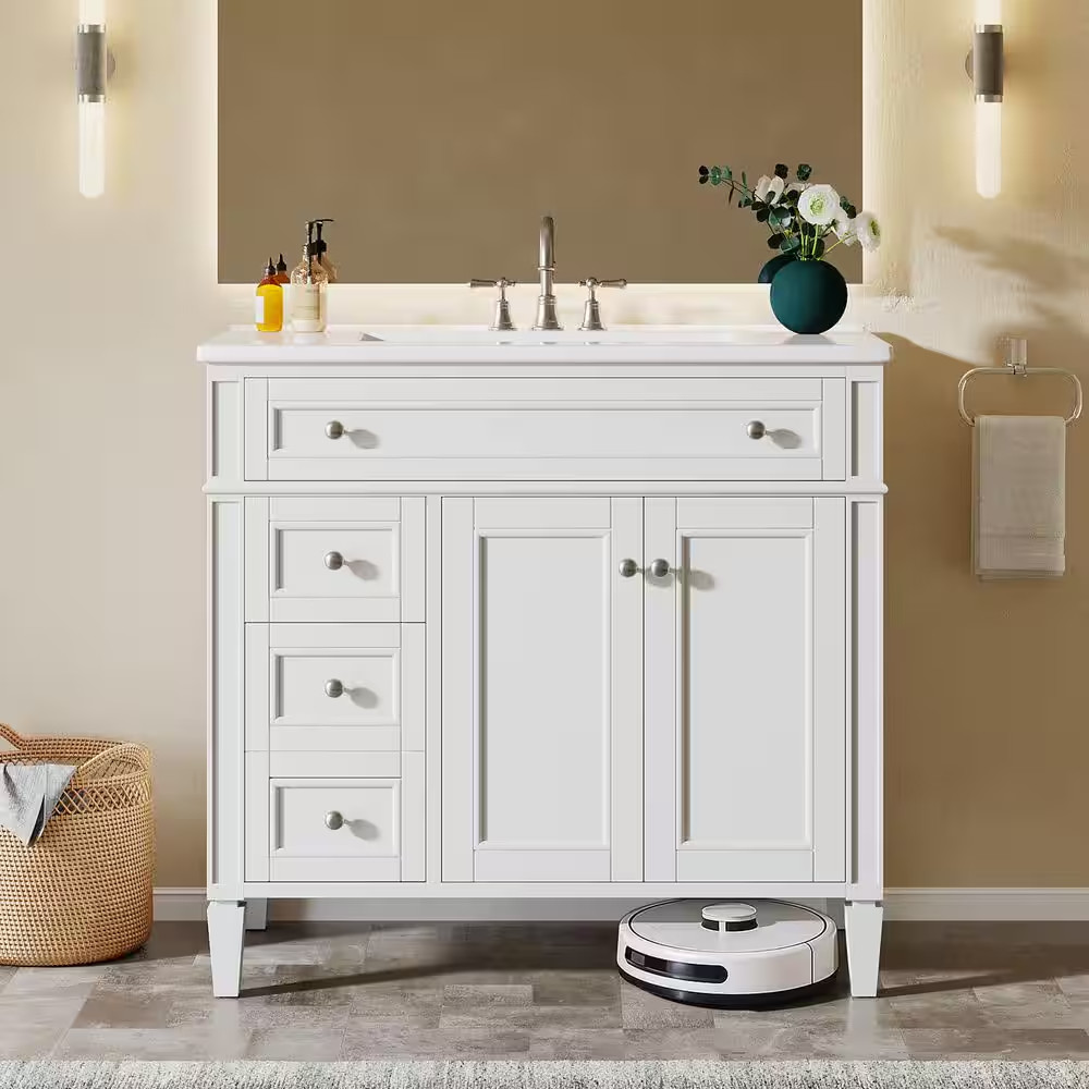 36 In. Single Sink Freestanding White Bath Vanity with White Ceramic Top Unassem