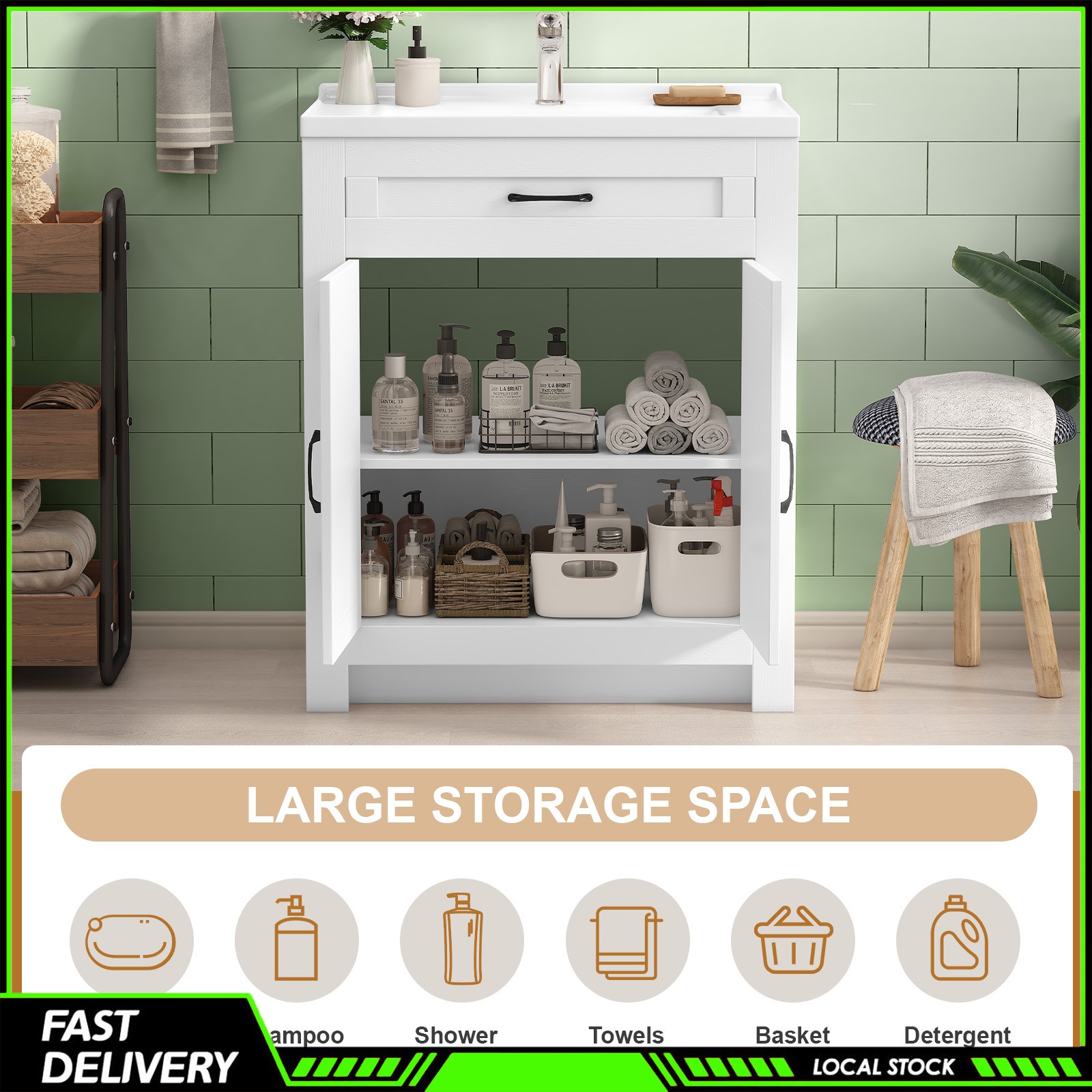 31″ Bathroom Vanity Cabinet with Ceramic Sink Freestanding Storage with Drawer