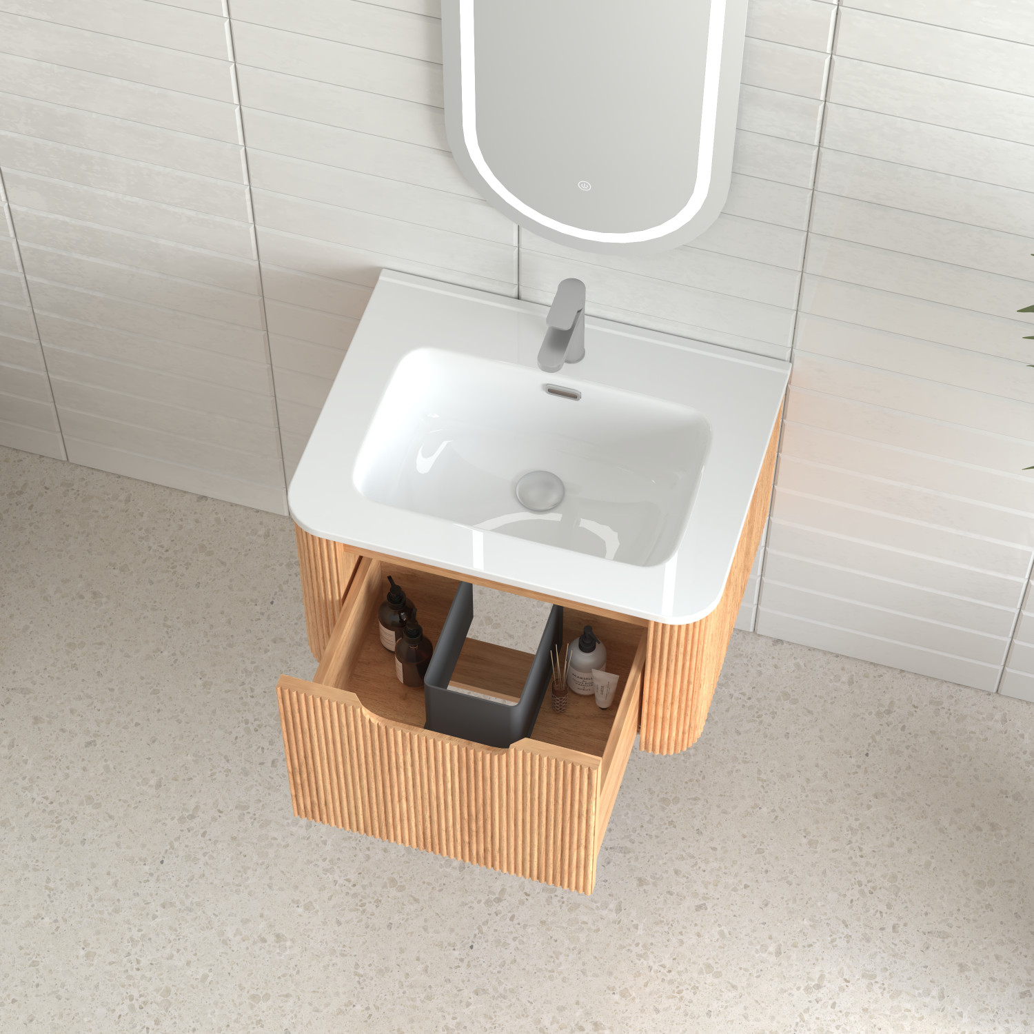24″ Wall-Mounted Floating Bathroom Vanity with Ceramic Basin in Walnut