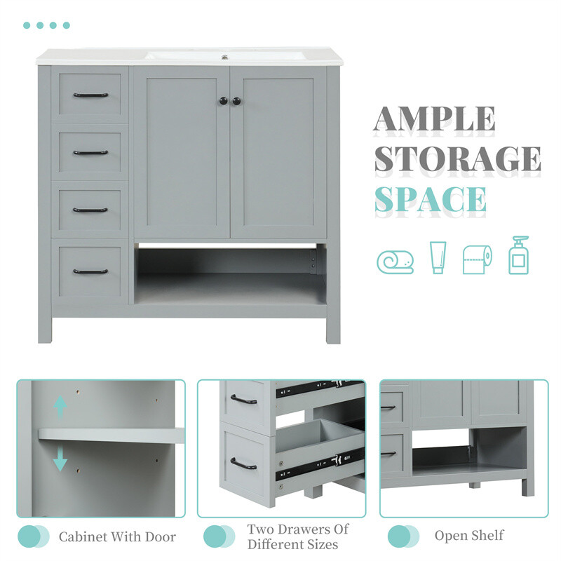 36″ Gray Bathroom Vanity with Sink Top,Vanity Cabinet with 2 Doors & 2 Drawers