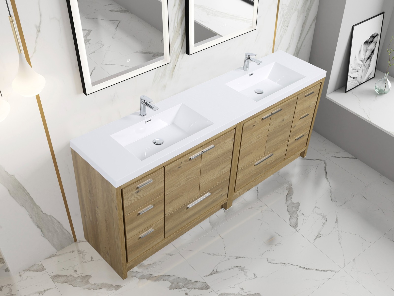 Alma-Allier 84″ Natural Oak Finish Vanity With A Integrated Sink
